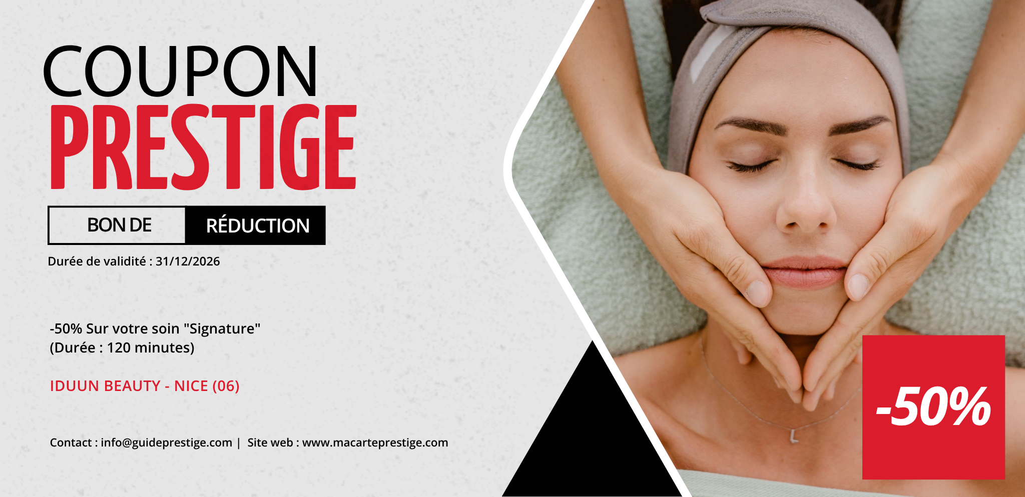 Coupon de réduction : -50% Sur votre soin "Signature" (Durée : 120 minutes) - Valable chez IDUUN BEAUTY - à NICE (06)