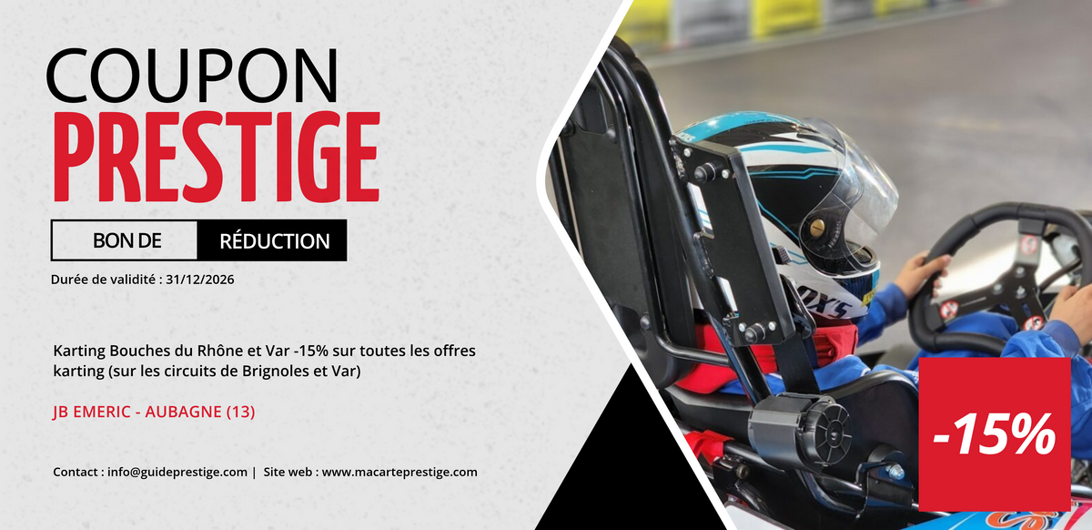 Bon de réduction : Karting Bouches du Rhône et Var -15% sur toutes les offres karting (sur les circuits d'Aubagne, Cuges les Pins & Hyères) - Valable chez JB EMERIC - à AUBAGNE (13)