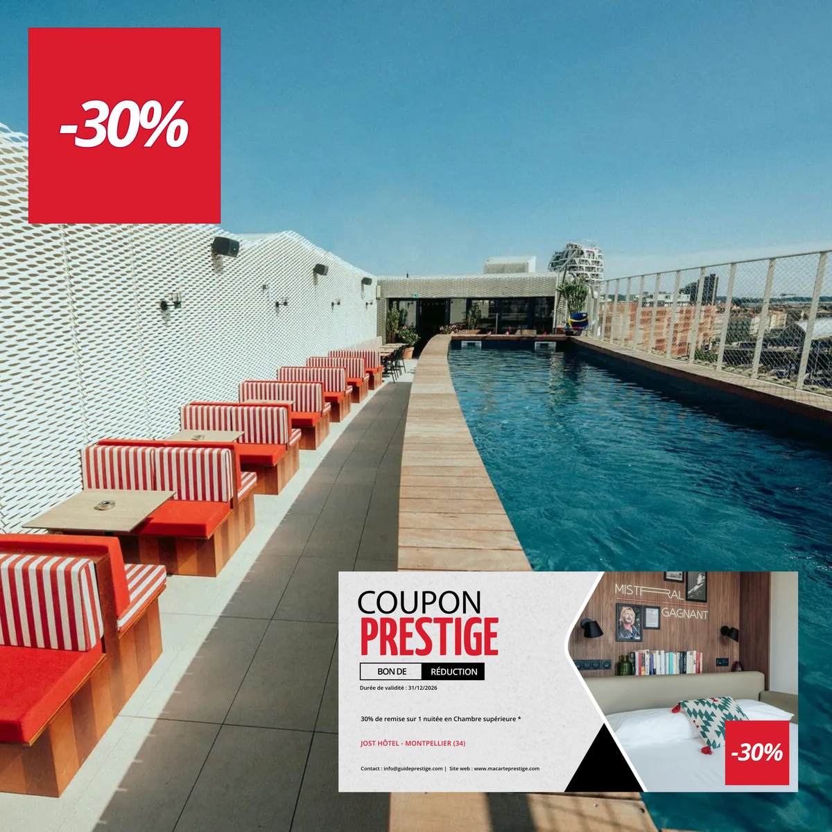 Bon de réduction : 30% de remise sur 1 nuitée en Chambre supérieure - Valable à l'hôtel 3 étoiles Jost Montpellier - à Montpellier (34)