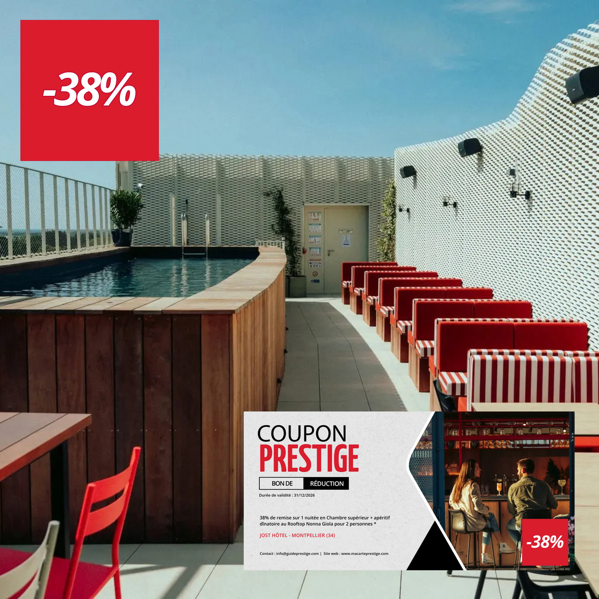 Bon de réduction : 38% de remise sur 1 nuitée en Chambre supérieur avec apéritif dînatoire au Rooftop Nonna Giola - Valable à l'hôtel 3 étoiles Jost Montpellier - à Montpellier (34)