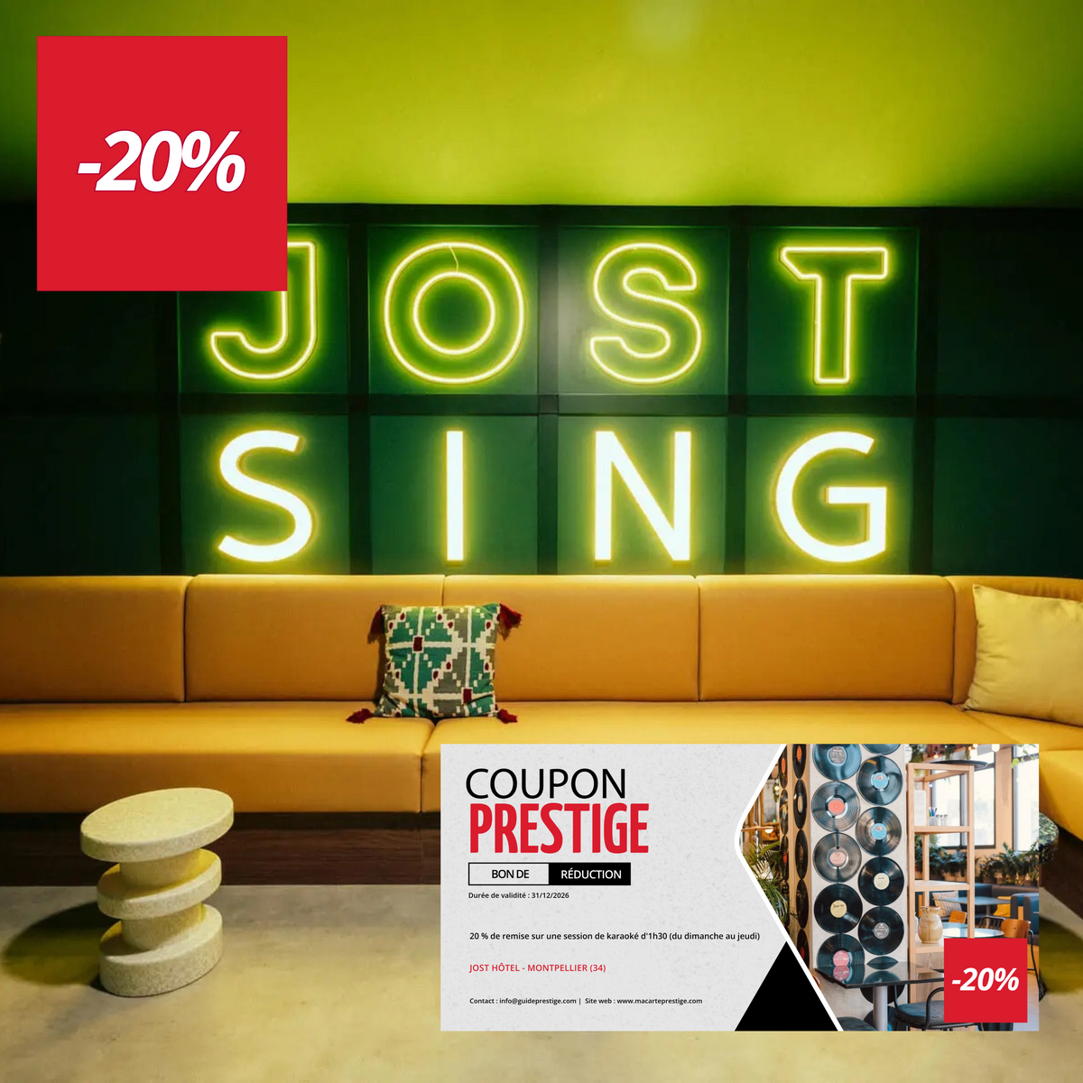 Bon de réduction : 20% de remise sur une session de karaoké d'1h30 (Du dimanche au jeudi) - Valable au Jost Hôtel Montpellier - à Montpellier (34)