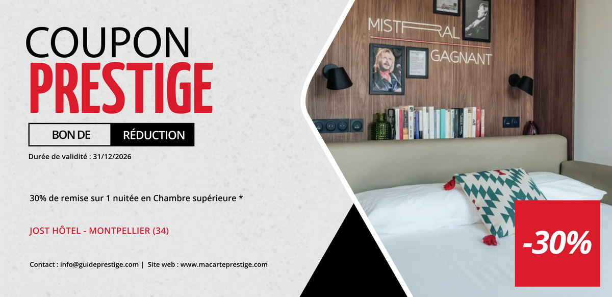 Bon de réduction : 30% de remise sur 1 nuitée en Chambre supérieure - Valable à l'hôtel 3 étoiles Jost Montpellier - à Montpellier (34)