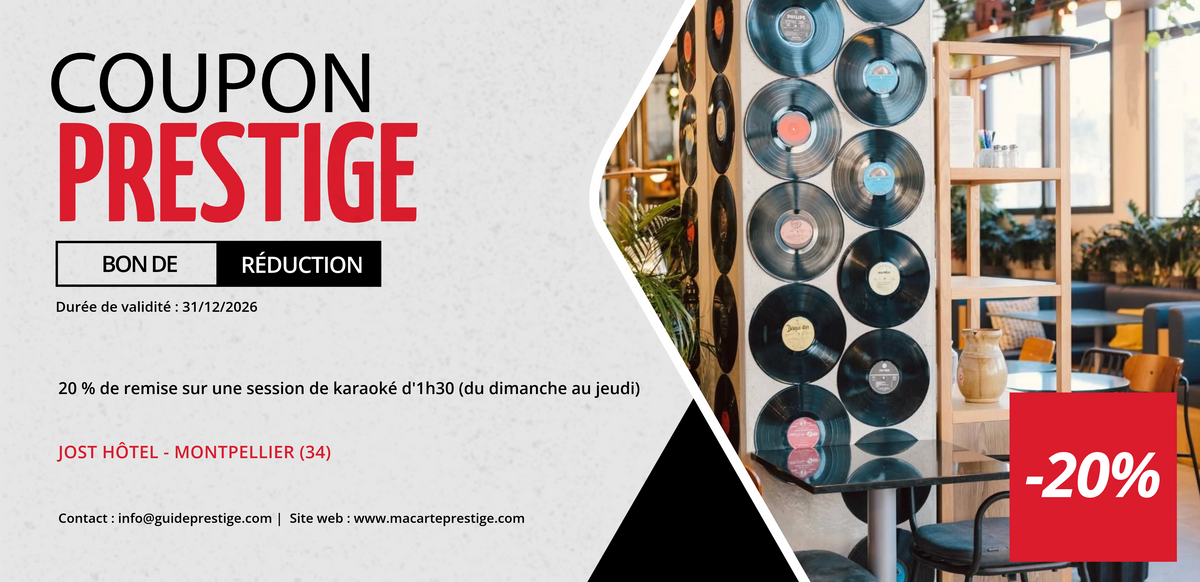 Bon de réduction : 20% de remise sur une session de karaoké d'1h30 (Du dimanche au jeudi) - Valable au Jost Hôtel Montpellier - à Montpellier (34)