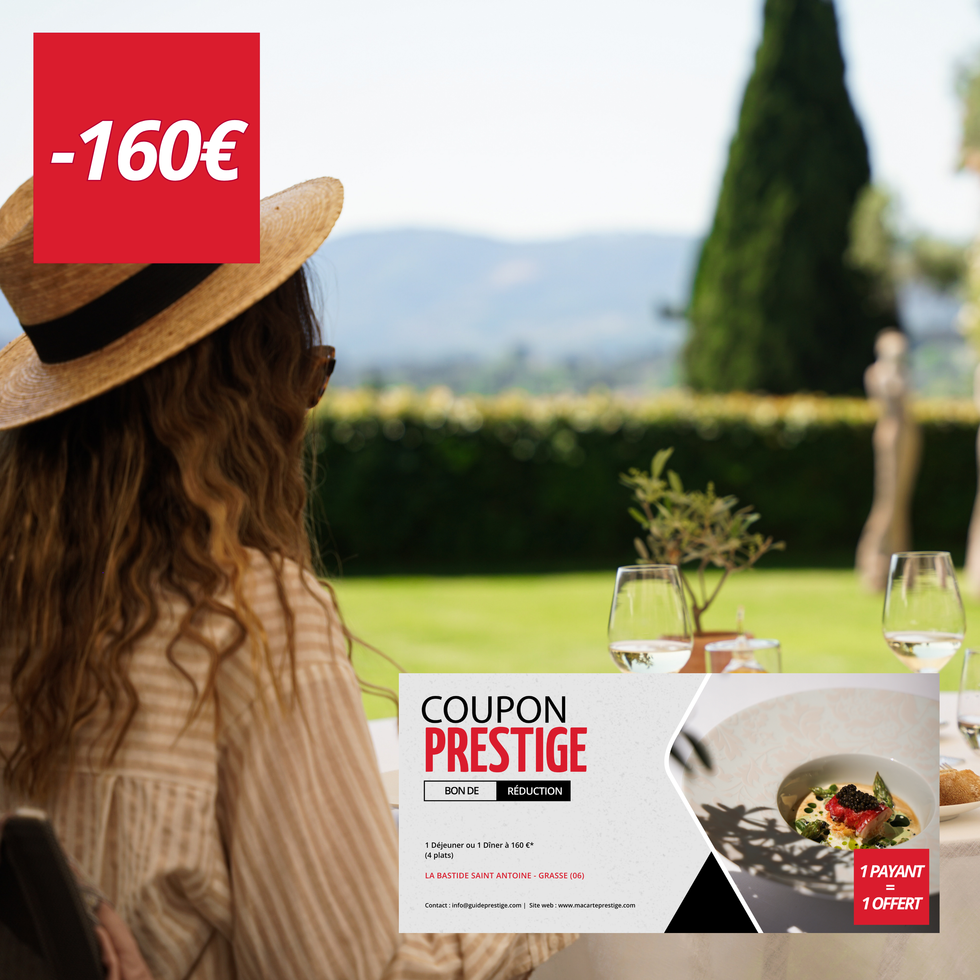Coupon de réduction : 1 Déjeuner ou 1 Dîner à 160 €* (4 plats) acheté = 1 offert - Valable à LA BASTIDE SAINT ANTOINE - à GRASSE (06)