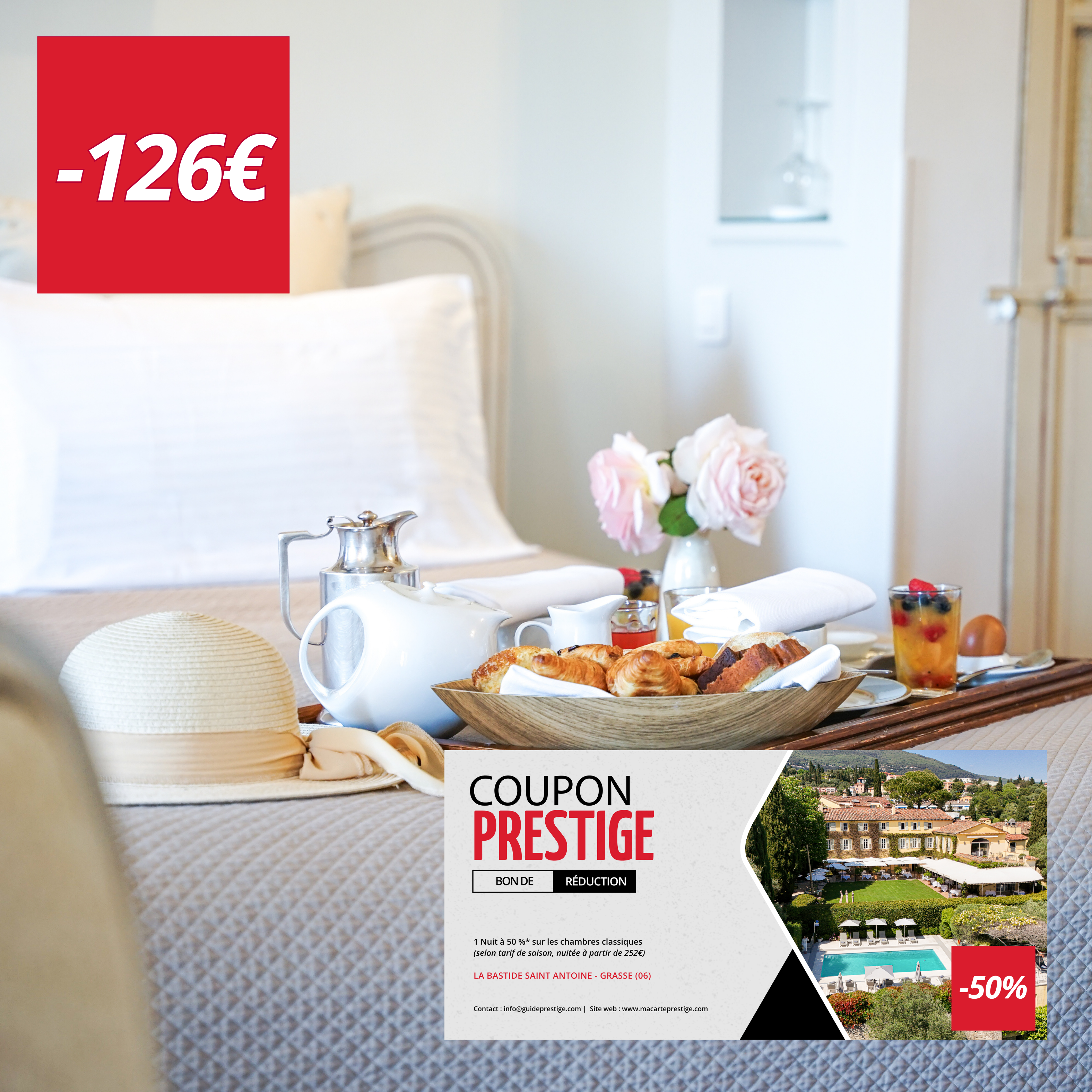 Coupon de réduction : 1 Nuit à 50 %* sur les chambres classiques (selon tarif de saison) - Valable à LA BASTIDE SAINT ANTOINE - à GRASSE (06)