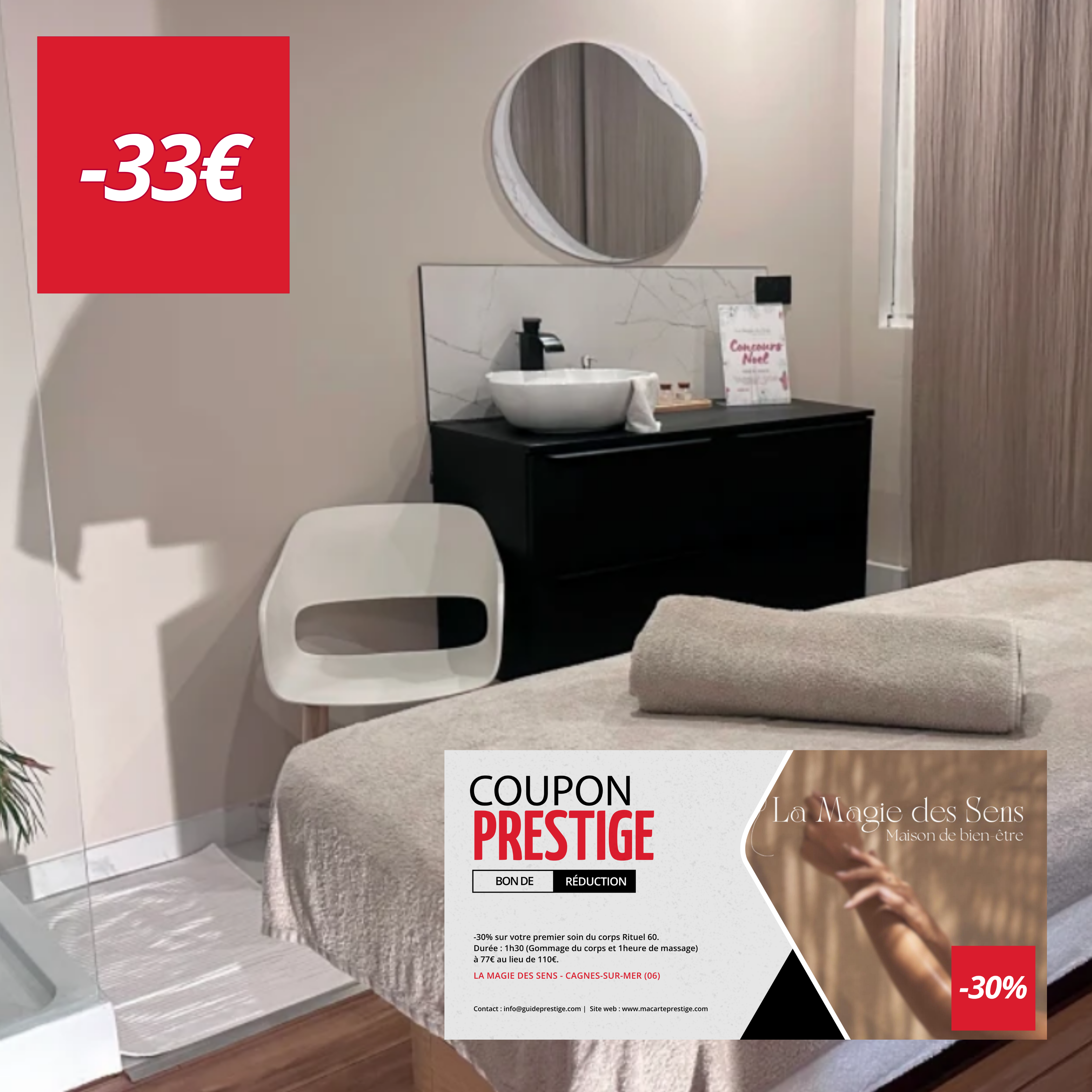 Coupon de réduction : -30% sur votre premier soin du corps Rituel 60. Durée : 1h30 (Gommage du corps et 1heure de massage) à 77€ au lieu de 110€. - Valable à LA MAGIE DES SENS - à CAGNES-SUR-MER (06)