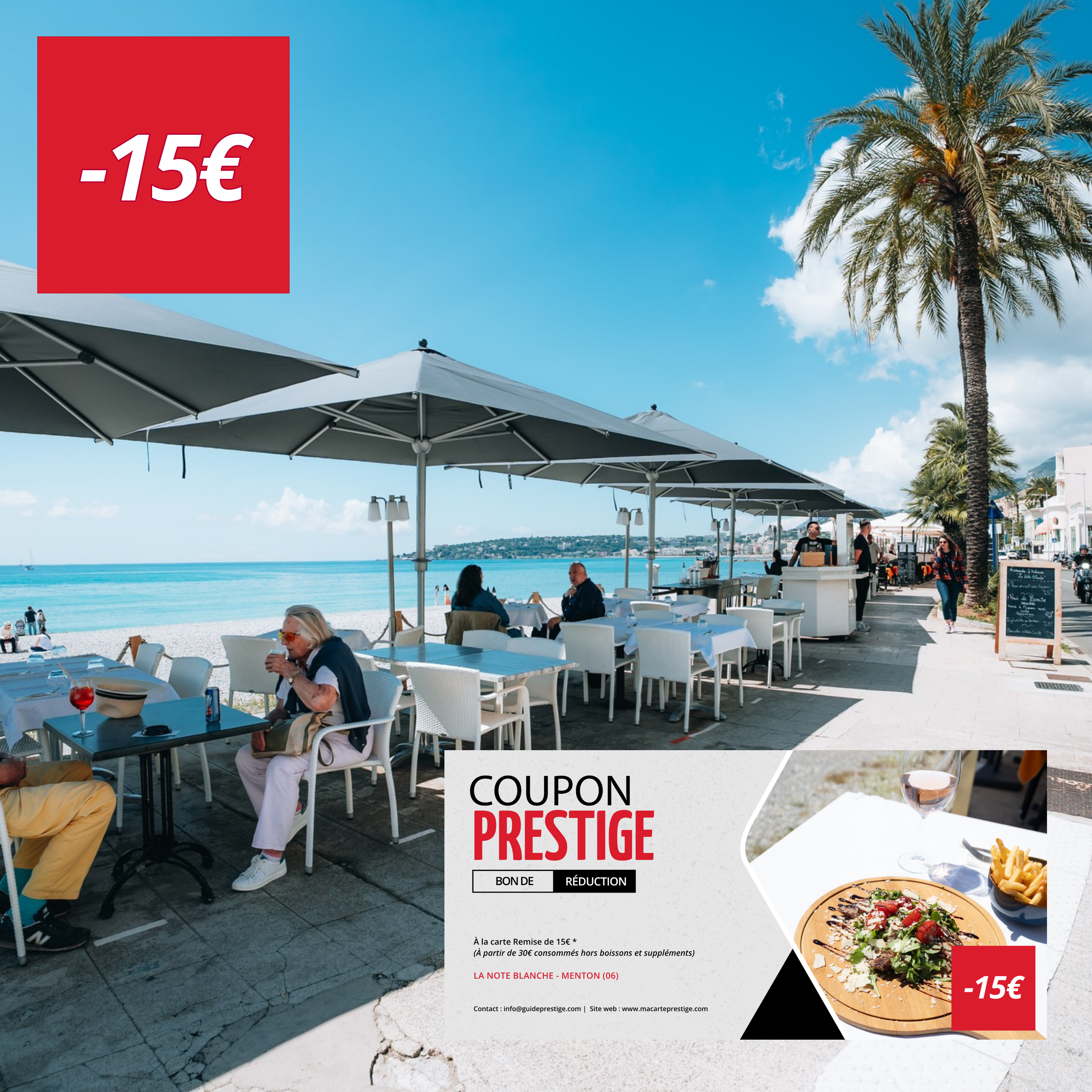 Coupon de réduction : À la carte Remise de 15€ * - Valable à LA NOTE BLANCHE - à MENTON (06)