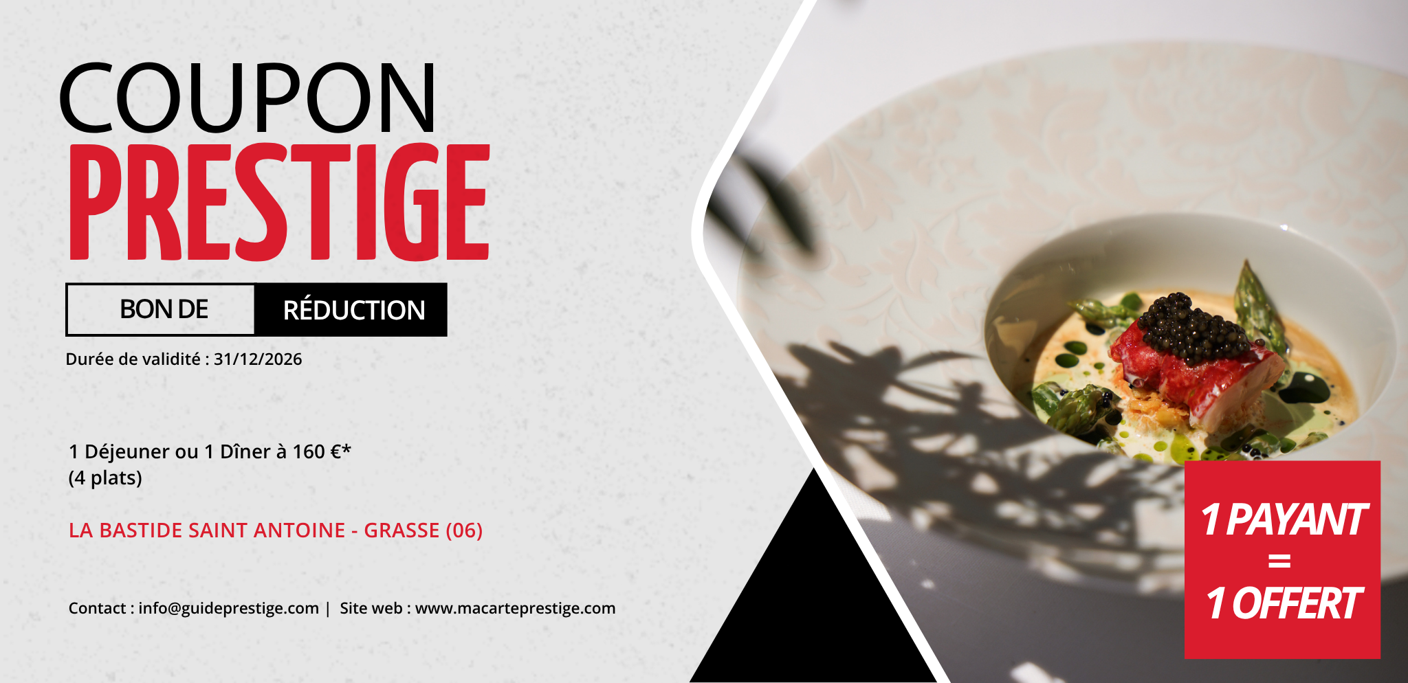 Coupon de réduction : 1 Déjeuner ou 1 Dîner à 160 €* (4 plats) acheté = 1 offert - Valable à LA BASTIDE SAINT ANTOINE - à GRASSE (06)