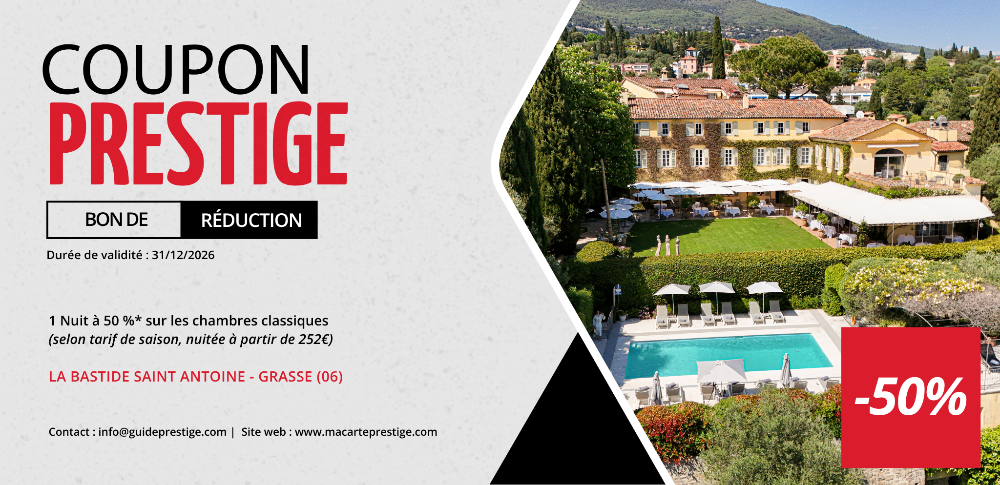 Coupon de réduction : 1 Nuit à 50 %* sur les chambres classiques (selon tarif de saison) - Valable à LA BASTIDE SAINT ANTOINE - à GRASSE (06)