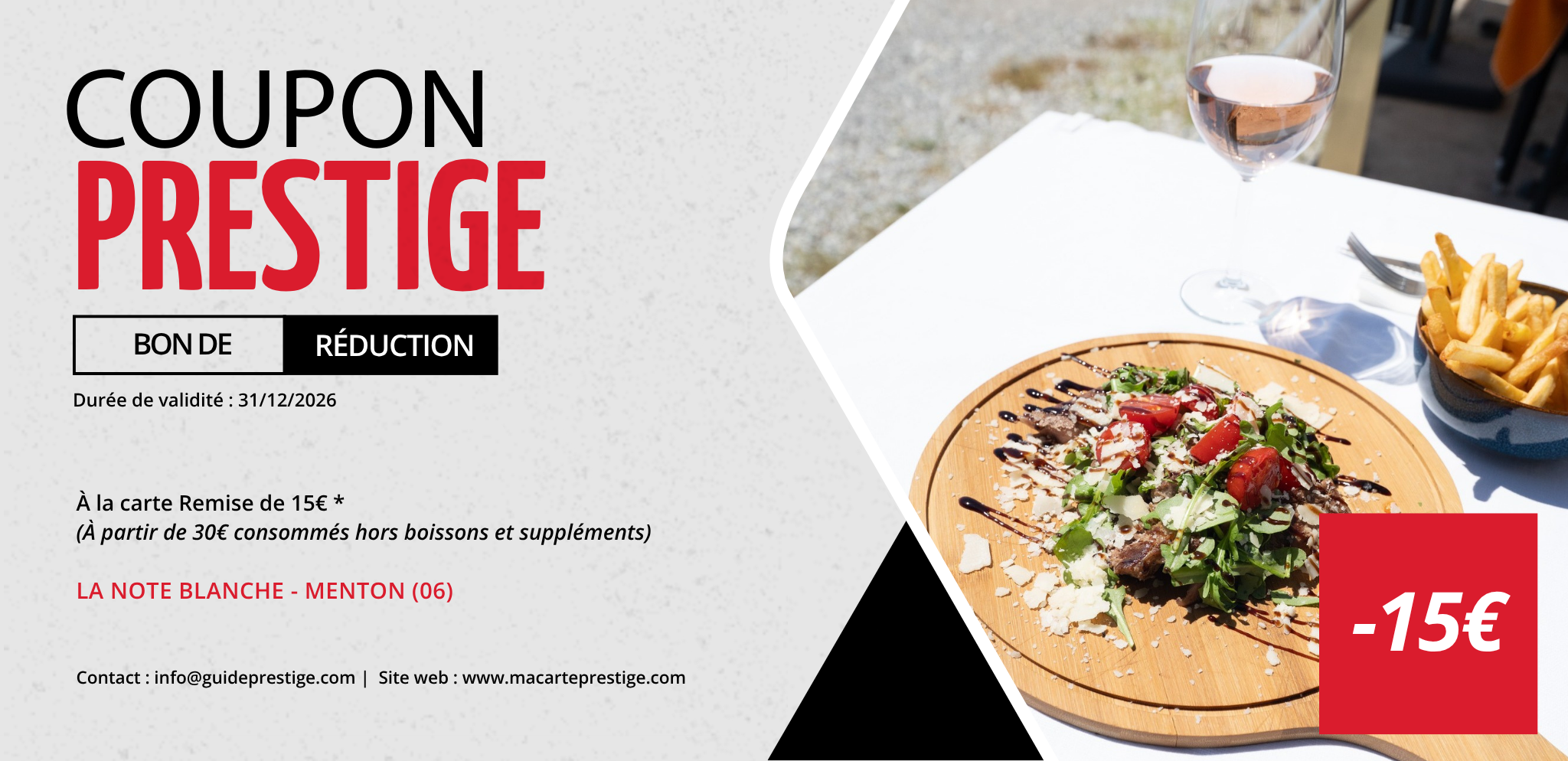 Coupon de réduction : À la carte Remise de 15€ * - Valable à LA NOTE BLANCHE - à MENTON (06)
