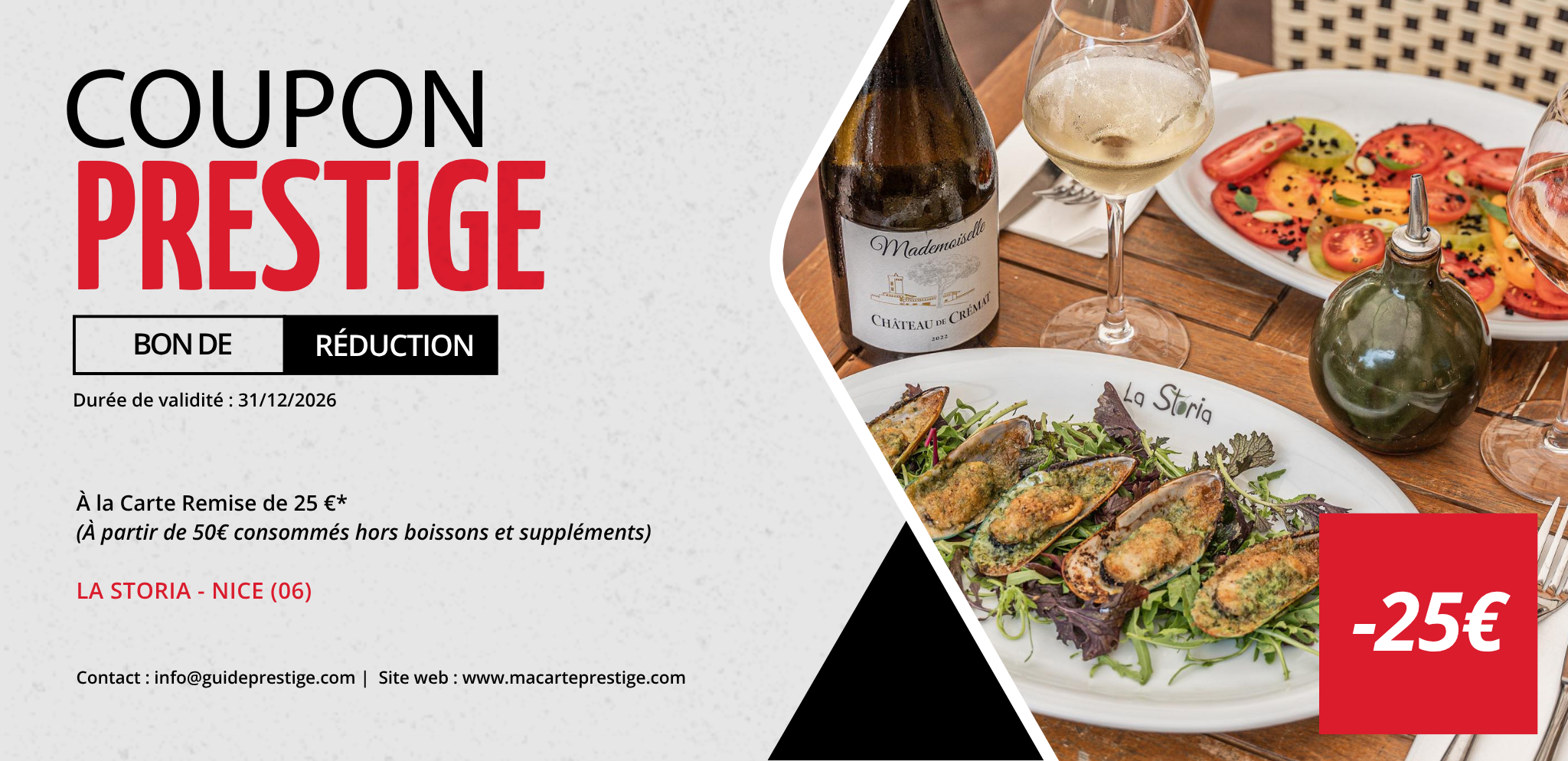 Coupon de réduction : À la Carte Remise de 25 €* - Valable à LA STORIA - à NICE (06)