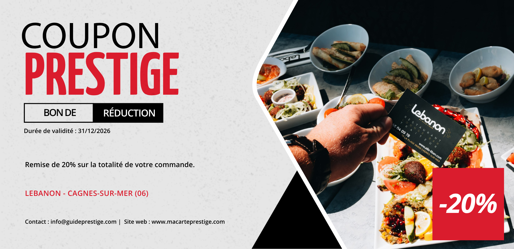 Coupon de réduction : Remise de 20% sur la totalité de votre commande. - Valable chez LEBANON - à CAGNES-SUR-MER (06)