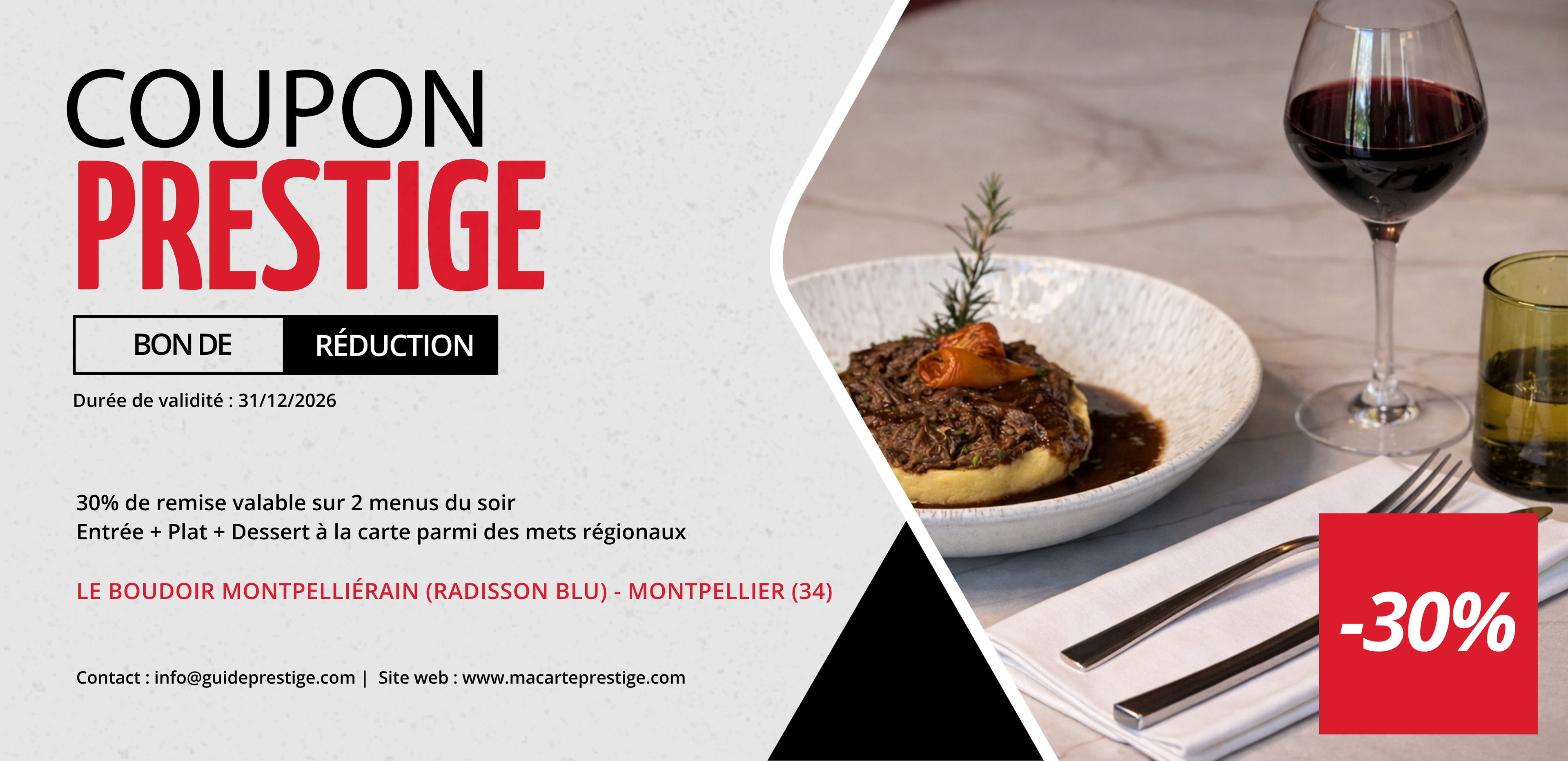 Bon de réduction : 2 menus du SOIR au restaurant LE BOUDOIR MONTPELLIERAIN à -30% - Valable à L'HOTEL 4 étoiles RADISSON BLU - à MONTPELLIER (34)