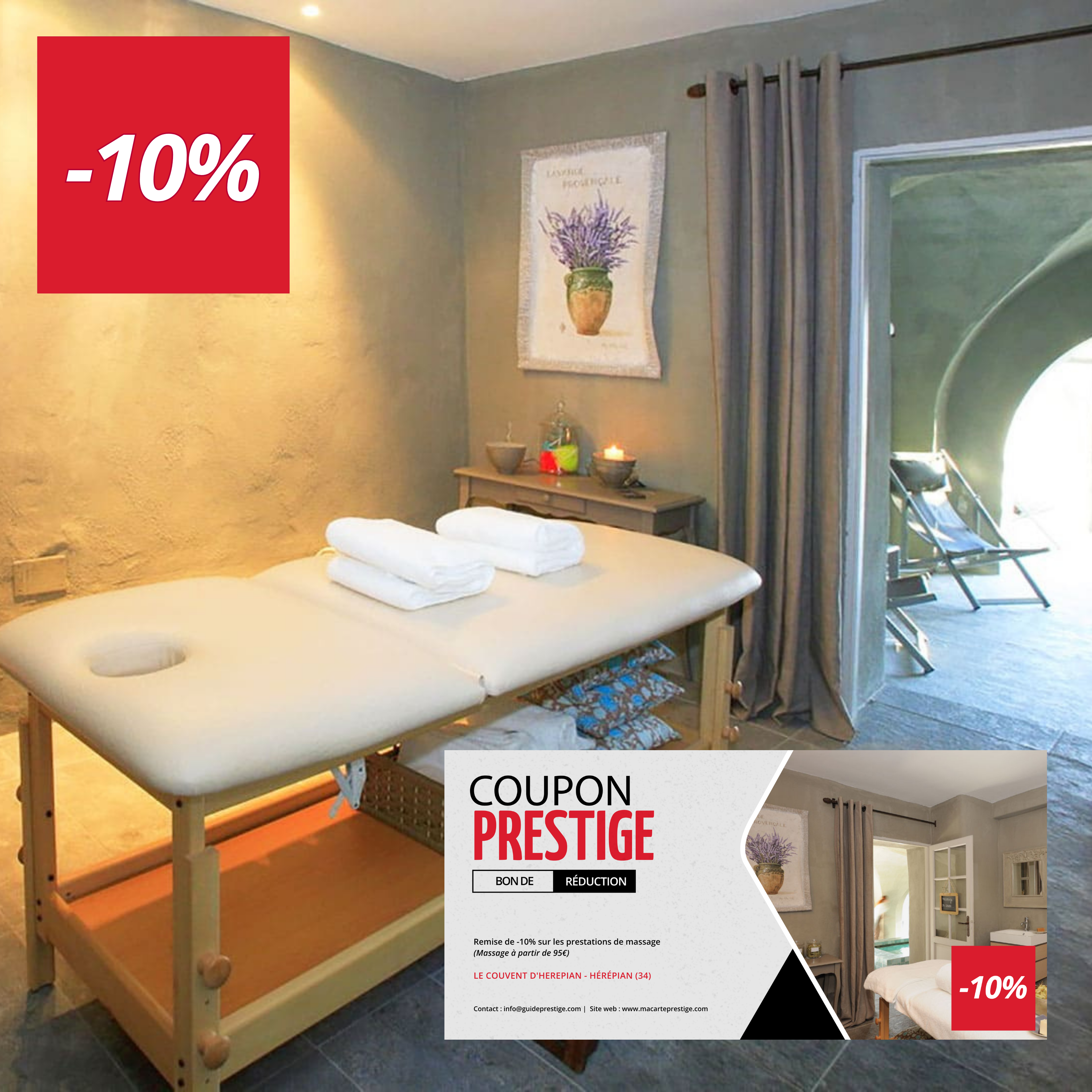 Coupon de réduction : Remise de -10% sur les prestations de massage - Valable chez LE COUVENT D'HEREPIAN - à HÉRÉPIAN (34)