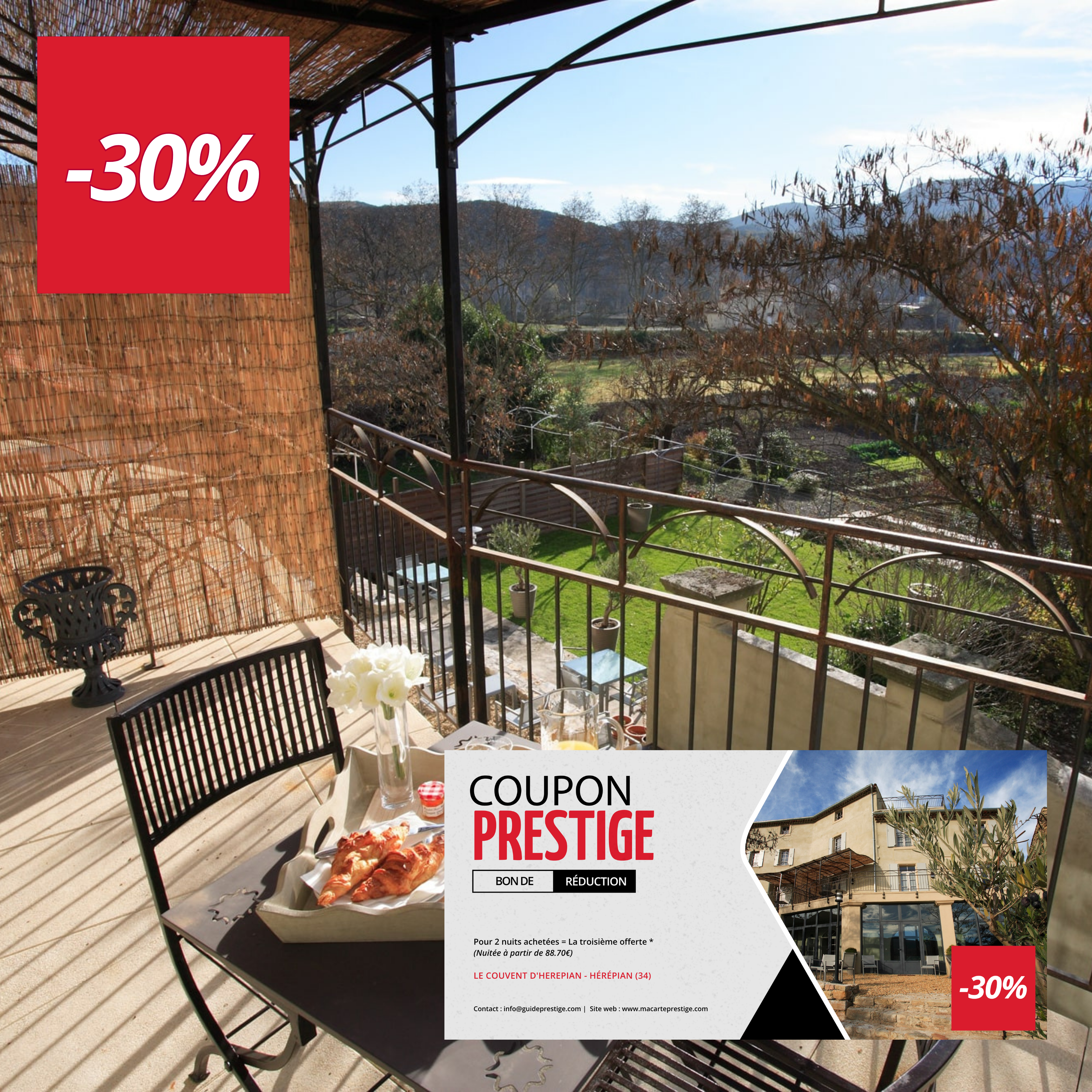 Coupon de réduction : Pour 2 nuits achetées = La troisième offerte * - Valable chez LE COUVENT D'HEREPIAN - à HÉRÉPIAN (34)