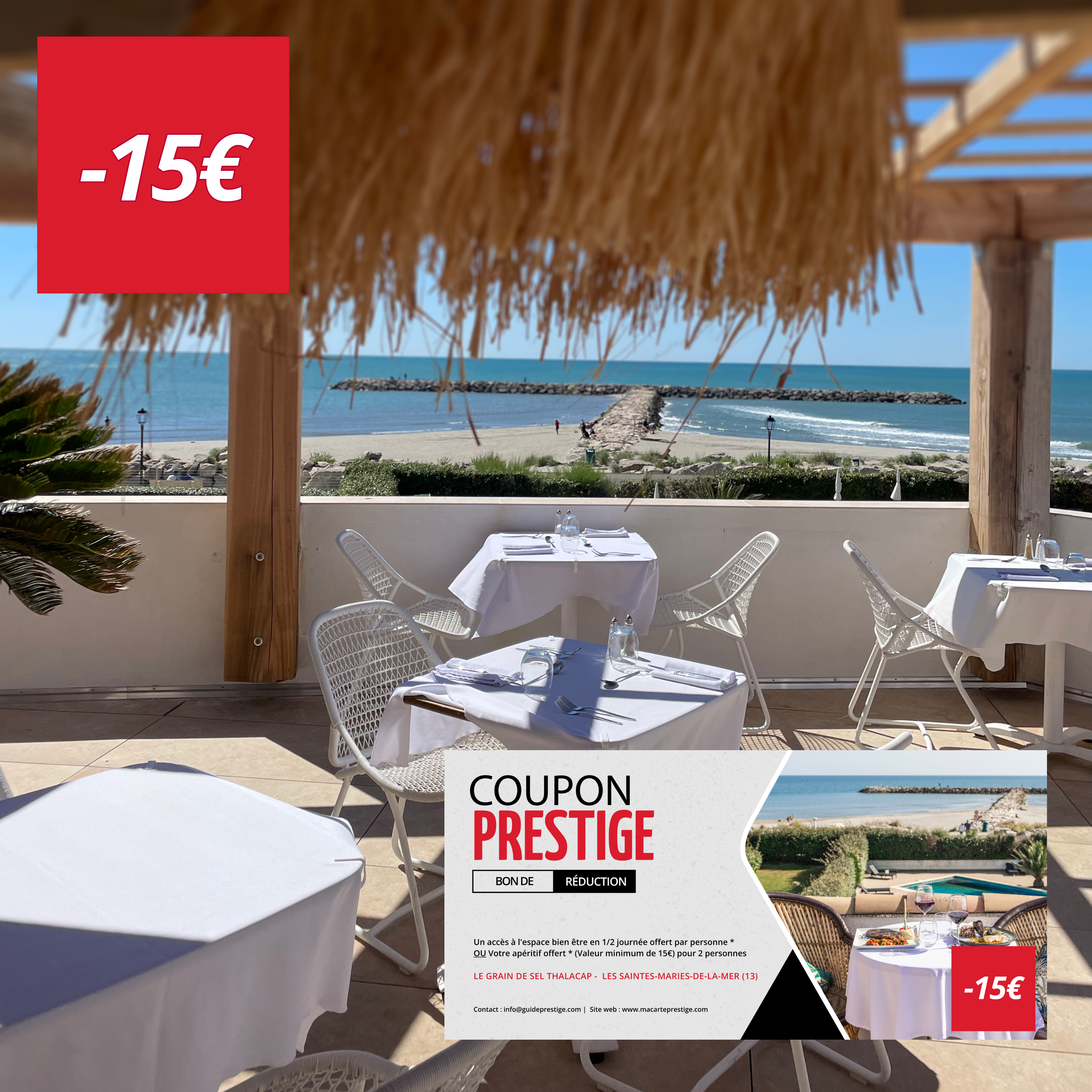 Coupon de réduction : Un accès à l'espace bien être en 1/2 journée offert par personne * OU Votre apéritif offert * (Valeur minimum de 15€) pour 2 personnes - Valable chez LE GRAIN DE SEL THALACAP - à LES SAINTES-MARIES-DE-LA-MER (13)