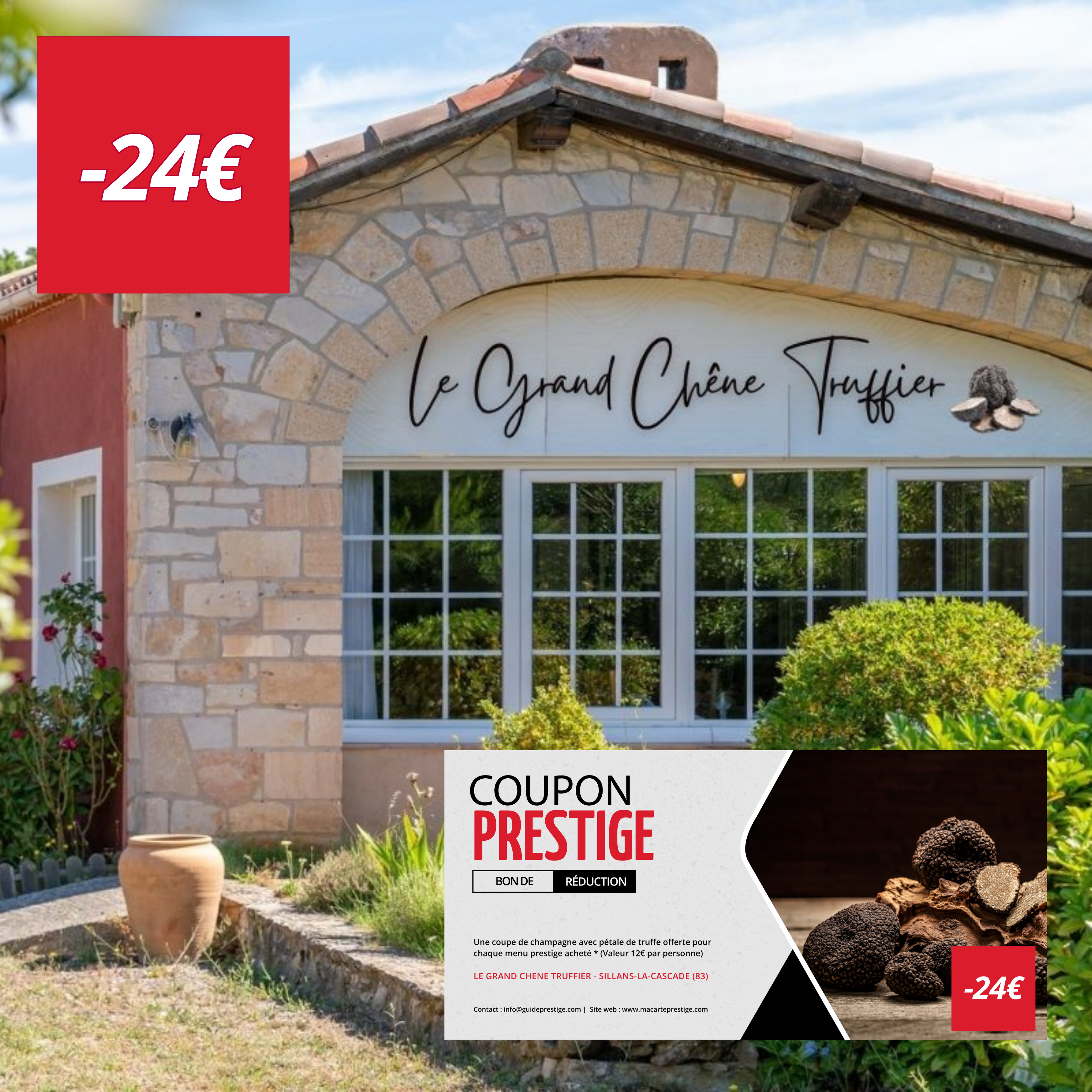 Coupon de réduction : Une coupe de champagne avec pétale de truffe offerte pour chaque menu prestige acheté * (Valeur 12€ par personne) - Valable chez LE GRAND CHENE TRUFFIER - à SILLANS-LA-CASCADE (83)