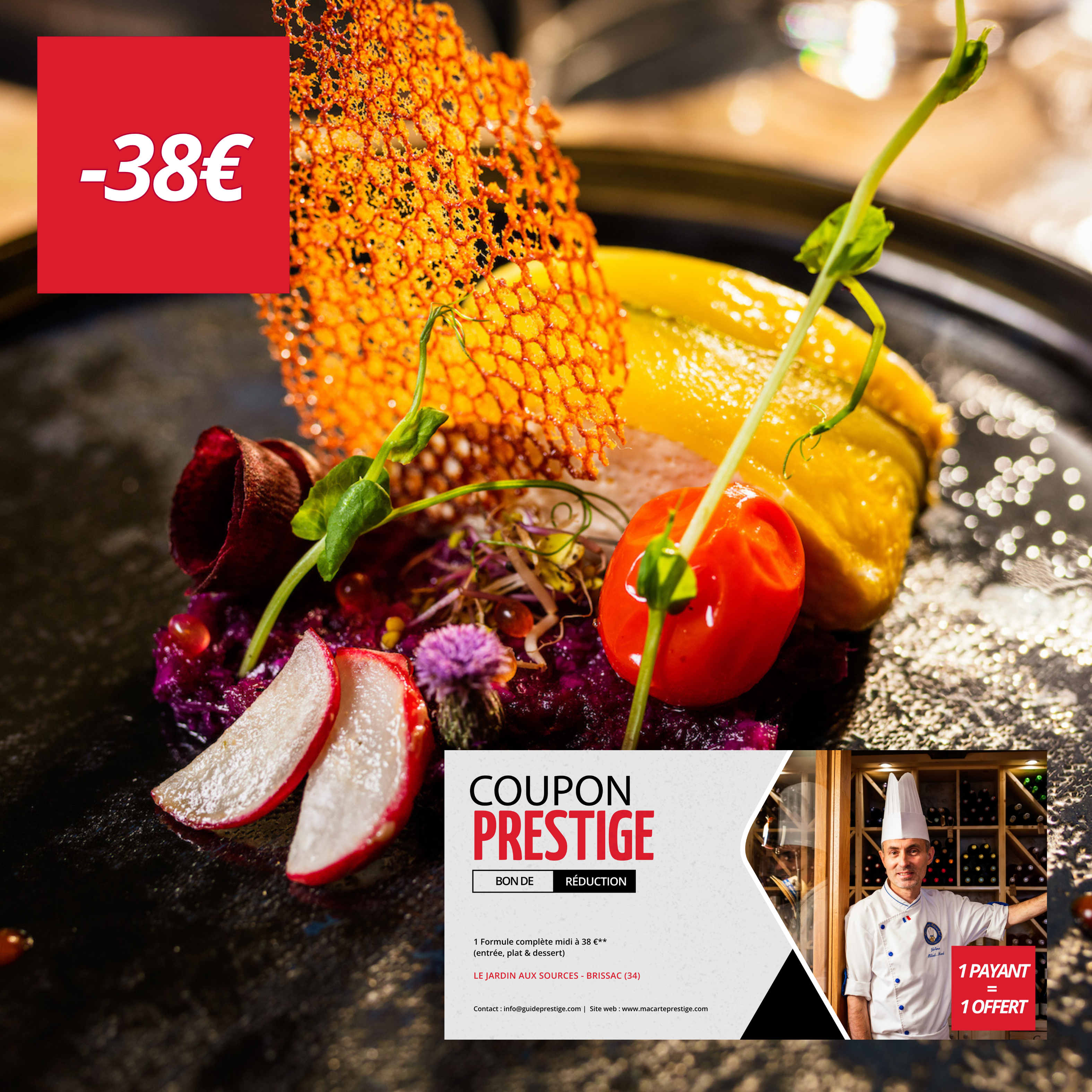 Coupon de réduction : 1 Formule complète midi à 38 €** achetée = 1 offerte (entrée, plat & dessert) - Valable chez LE JARDIN AUX SOURCES - à BRISSAC (34)