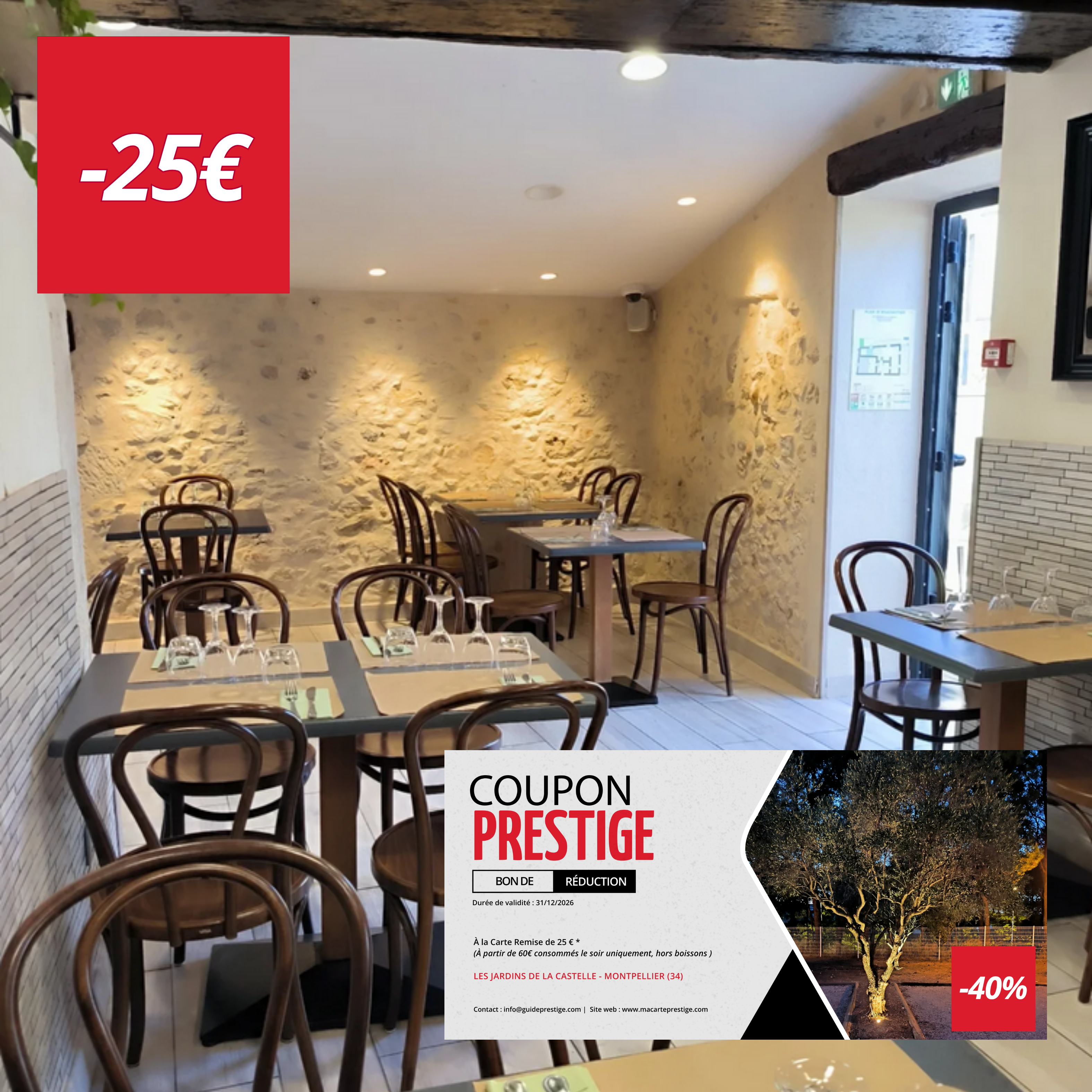 Coupon de réduction : À la Carte Remise de 25 €* - Valable le soir chez LES JARDINS DE LA CASTELLE - à MONTPELLIER (34)