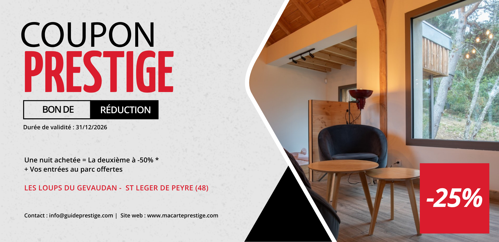 Coupon de réduction : Une nuit achetée = La deuxième à -50% * + Vos entrées au parc offertes - Valable chez LES LOUPS DU GEVAUDAN - à ST LEGER DE PEYRE (48)