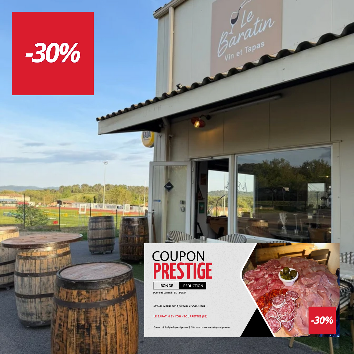 Bon de réduction : 30% de remise sur 1 planche à partager et 2 boissons* - Valable LE BARATIN BY YOH - à TOURRETTES (83)