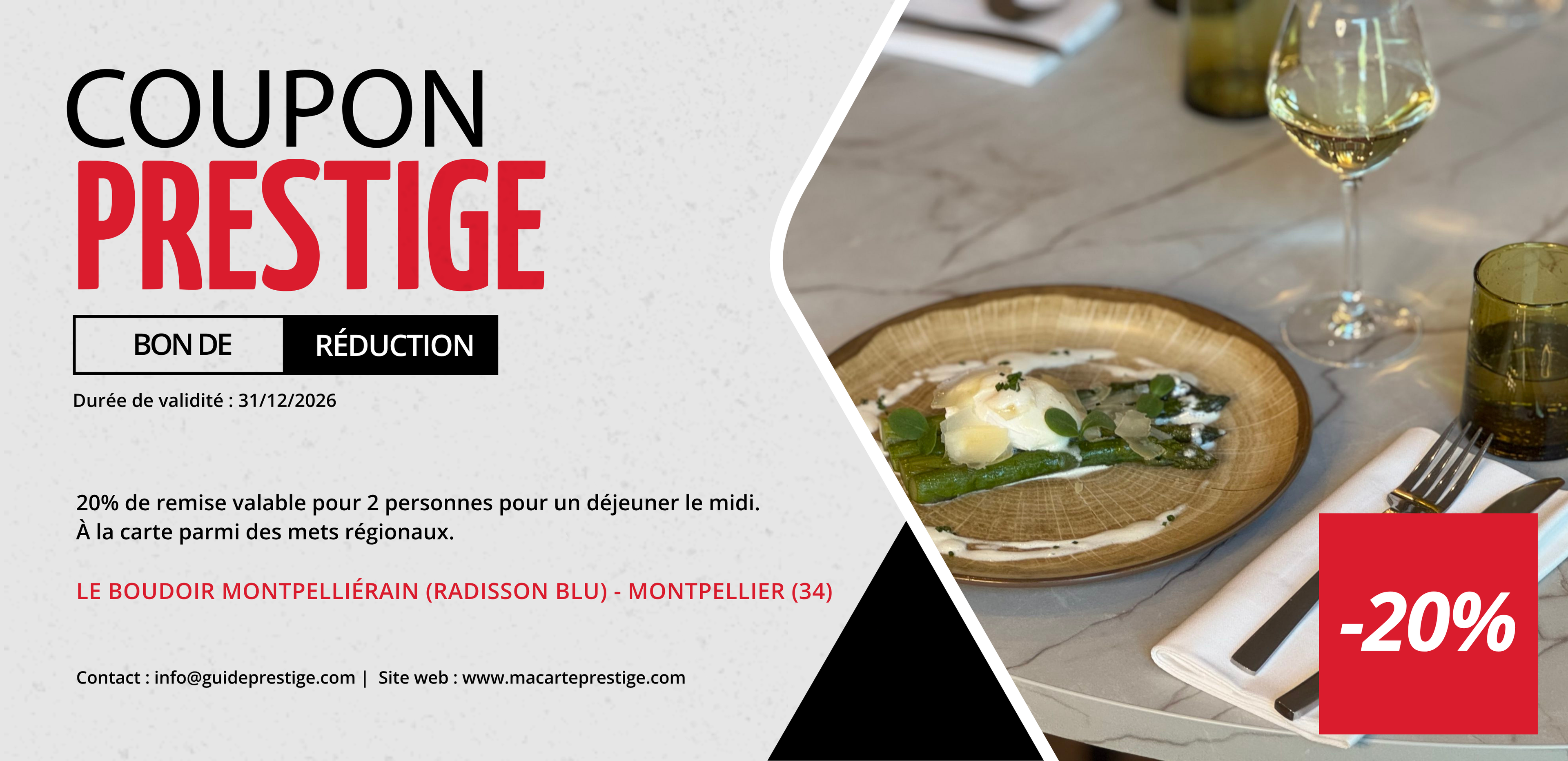 Bon de réduction : 2 repas du MIDI au restaurant LE BOUDOIR MONTPELLIERAIN à -20% - Valable à L'HOTEL 4 étoiles RADISSON BLU - à MONTPELLIER (34)