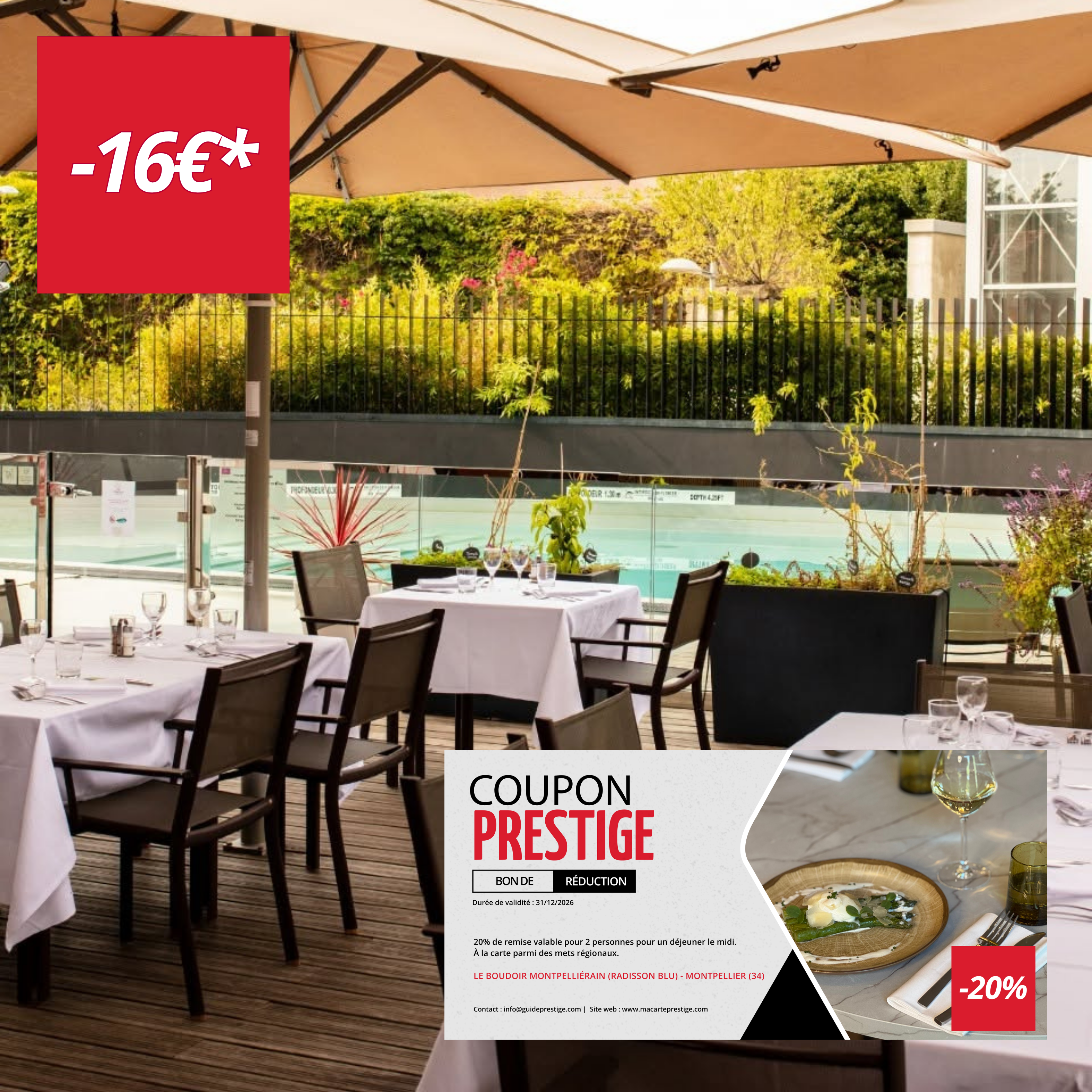Bon de réduction : 2 repas du MIDI au restaurant LE BOUDOIR MONTPELLIERAIN à -20% - Valable à L'HOTEL 4 étoiles RADISSON BLU - à MONTPELLIER (34)