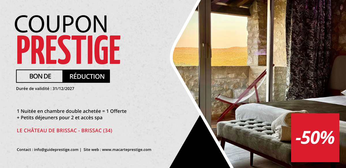 Bon de réduction hôtel : 1 Nuitée en chambre double achetée = 1 Offerte* - Valable chez LE CHATEAU DE BRISSAC - à BRISSAC (34)
