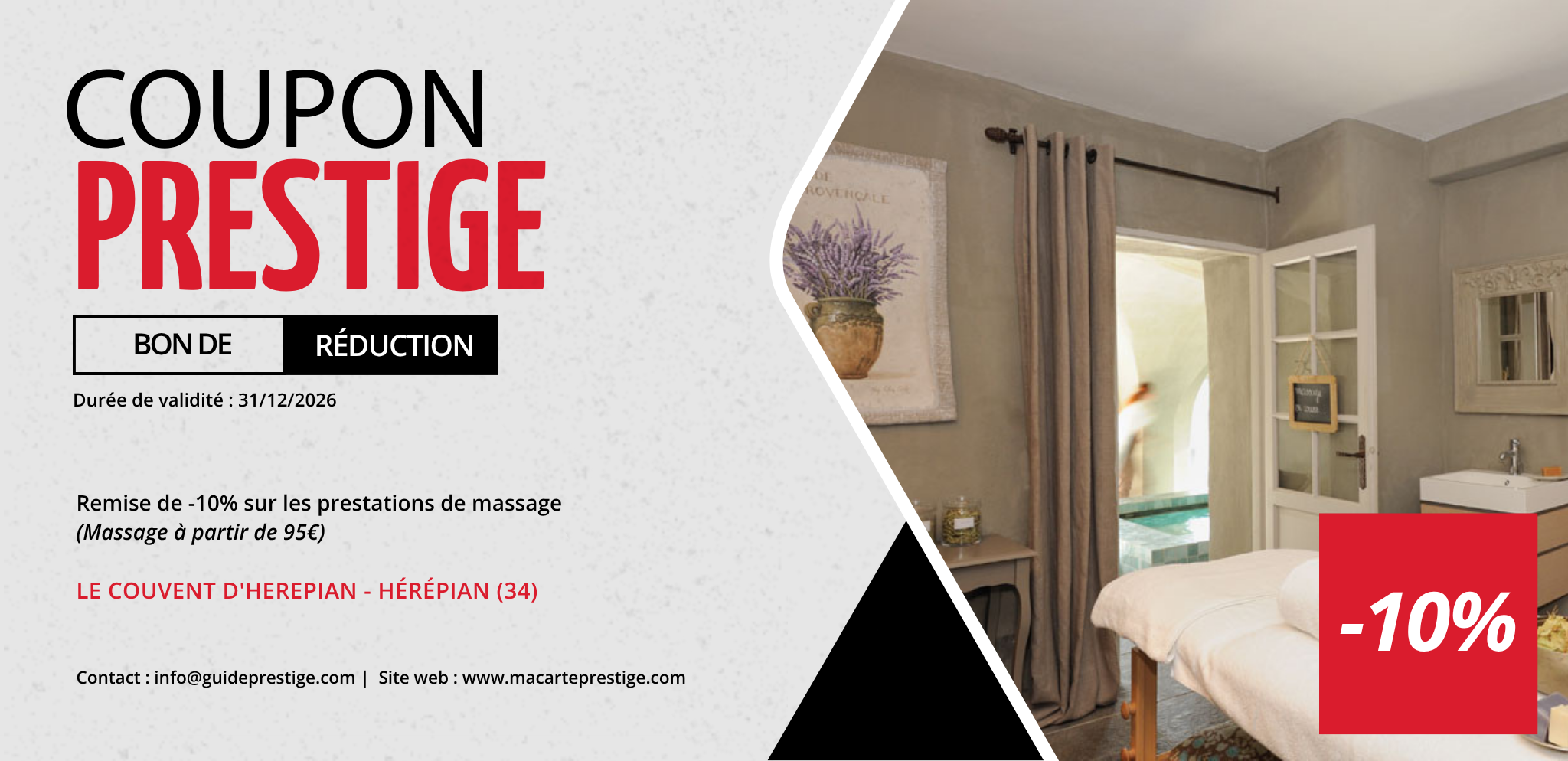 Coupon de réduction : Remise de -10% sur les prestations de massage - Valable chez LE COUVENT D'HEREPIAN - à HÉRÉPIAN (34)