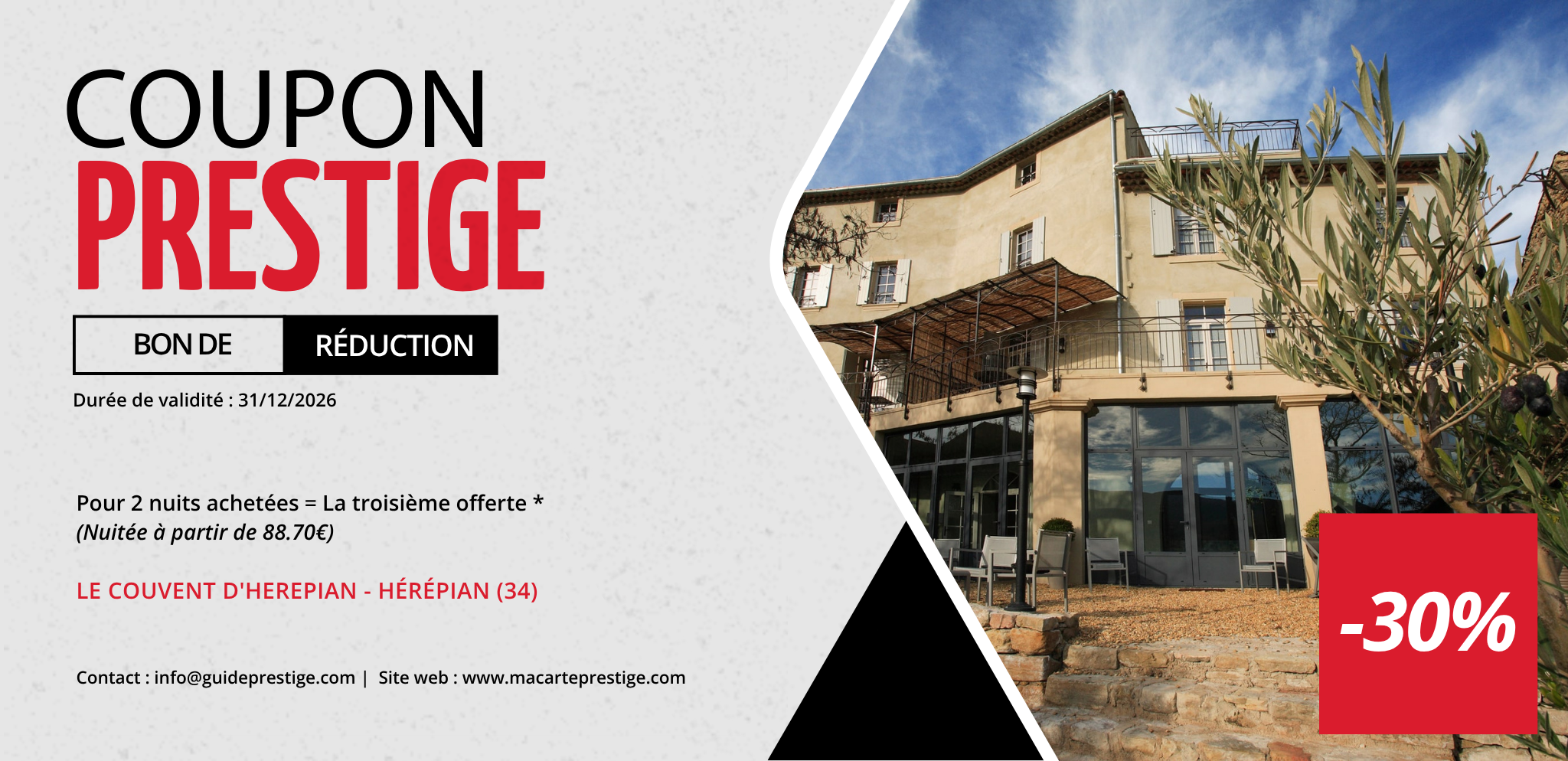 Coupon de réduction : Pour 2 nuits achetées = La troisième offerte * - Valable chez LE COUVENT D'HEREPIAN - à HÉRÉPIAN (34)