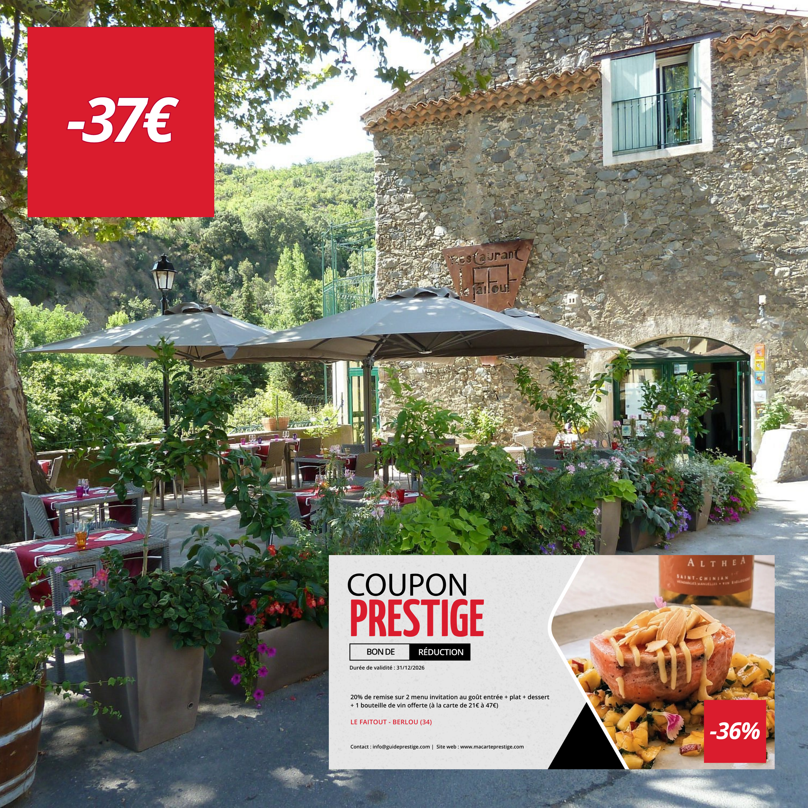 Bon de réduction : 2 menus invitation au goût à -20% + 1 bouteille de vin offerte - Valable au restaurant LE FAITOUT - à BERLOU (34)