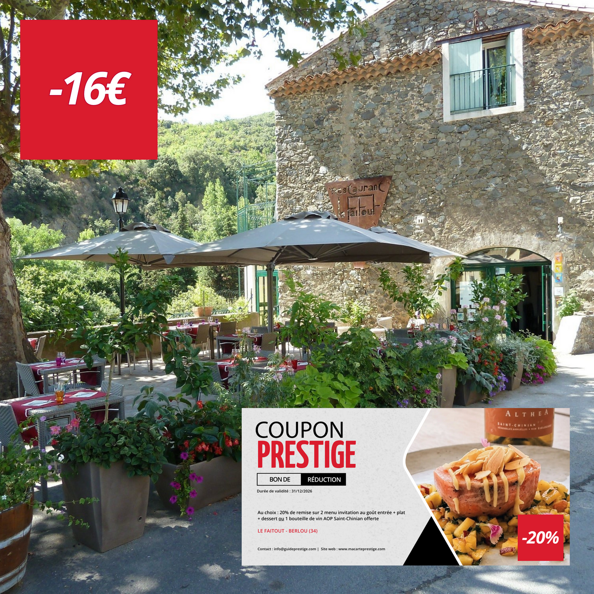 Bon de réduction : 2 menus invitation au goût à -20% ou 1 bouteille de vin offerte - Valable au restaurant LE FAITOUT - à BERLOU (34)