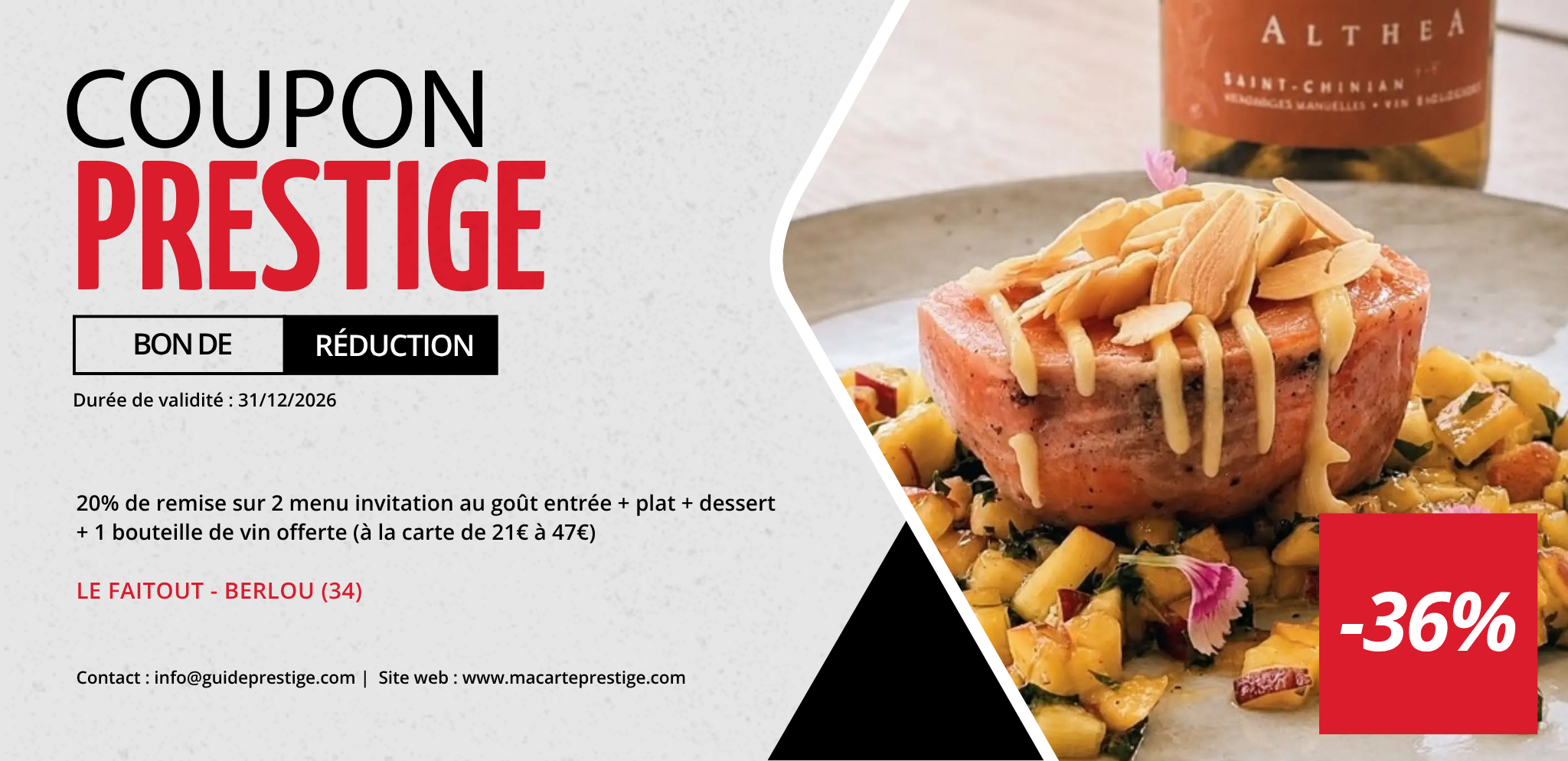 Bon de réduction : 2 menus invitation au goût à -20% + 1 bouteille de vin offerte - Valable au restaurant LE FAITOUT - à BERLOU (34)