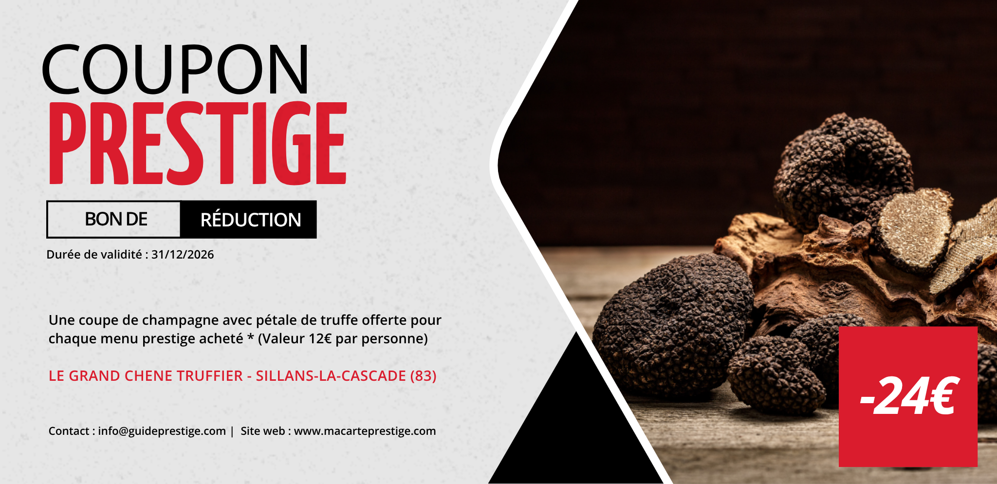Coupon de réduction : Une coupe de champagne avec pétale de truffe offerte pour chaque menu prestige acheté * (Valeur 12€ par personne) - Valable chez LE GRAND CHENE TRUFFIER - à SILLANS-LA-CASCADE (83)