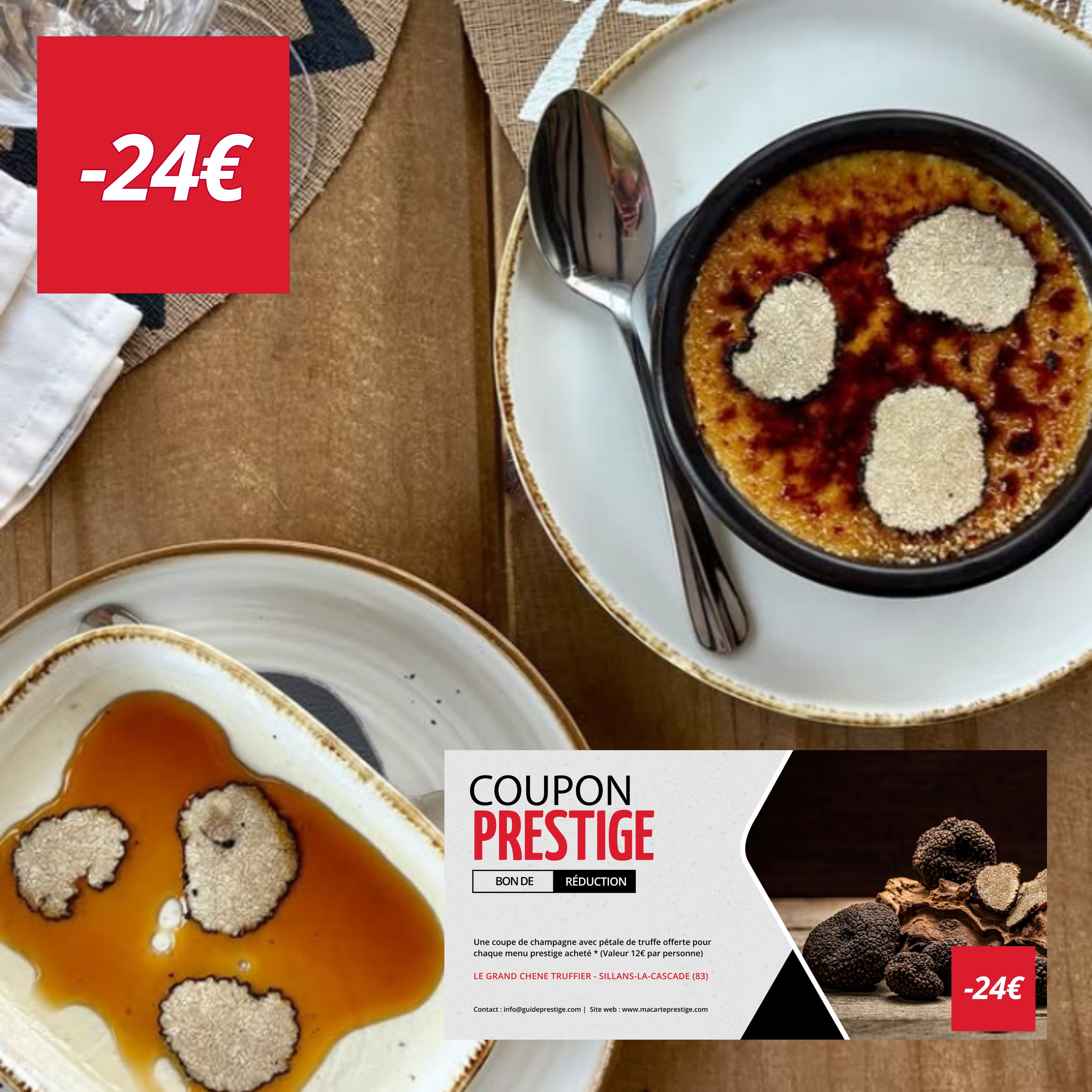 Bon de réduction : Une coupe de champagne avec pétale de truffe offerte pour chaque menu prestige acheté * (Valeur 12€ par personne) - Valable chez LE GRAND CHENE TRUFFIER - à SILLANS-LA-CASCADE (83)