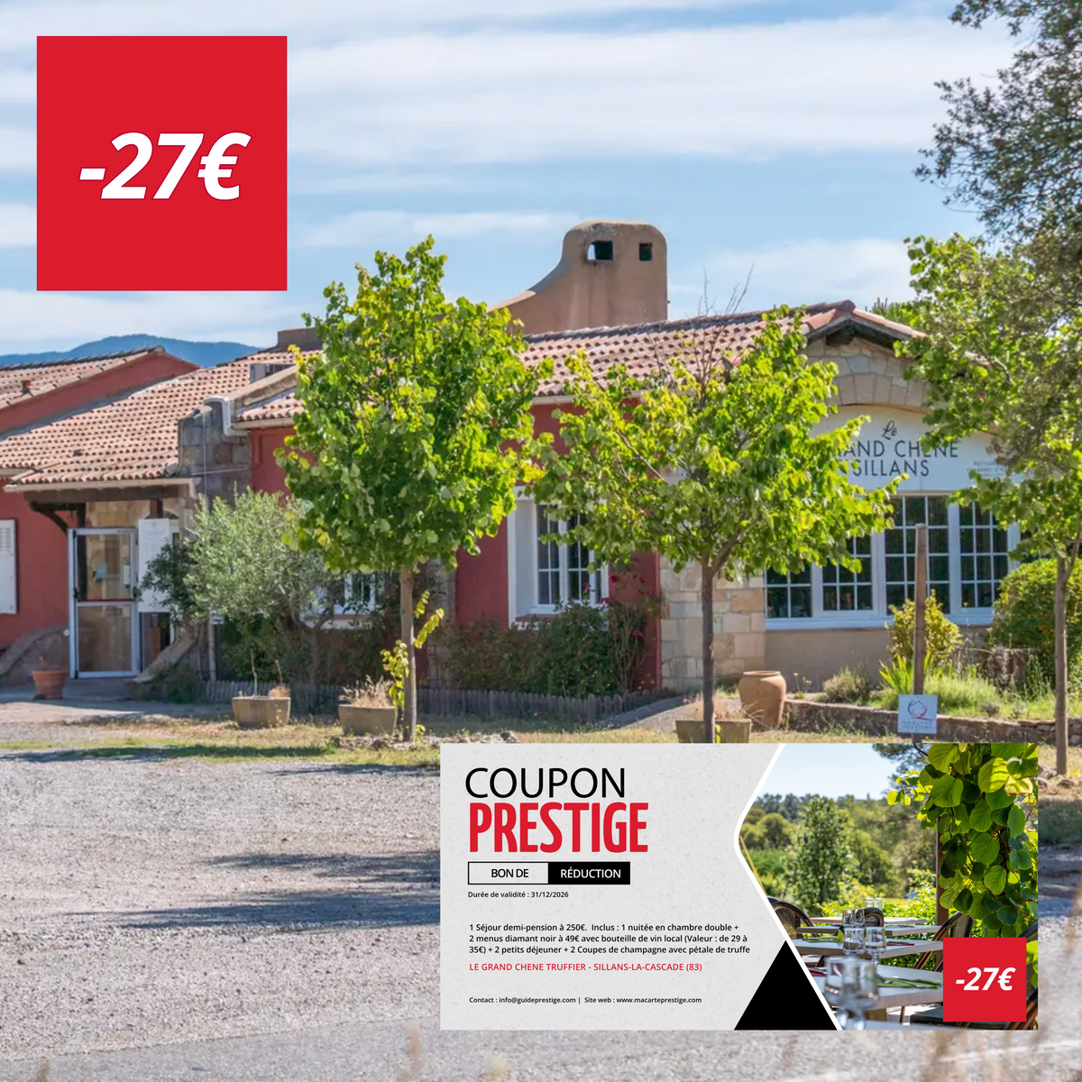 Bon de réduction : 1 Séjour demi-pension à 250€ Inclus : 1 nuitée en chambre double + 2 menus diamant noir + 2 petits déjeuner + 2 Coupes de champagne avec pétale de truffe - Valable chez LE GRAND CHENE TRUFFIER - à SILLANS-LA-CASCADE (83)