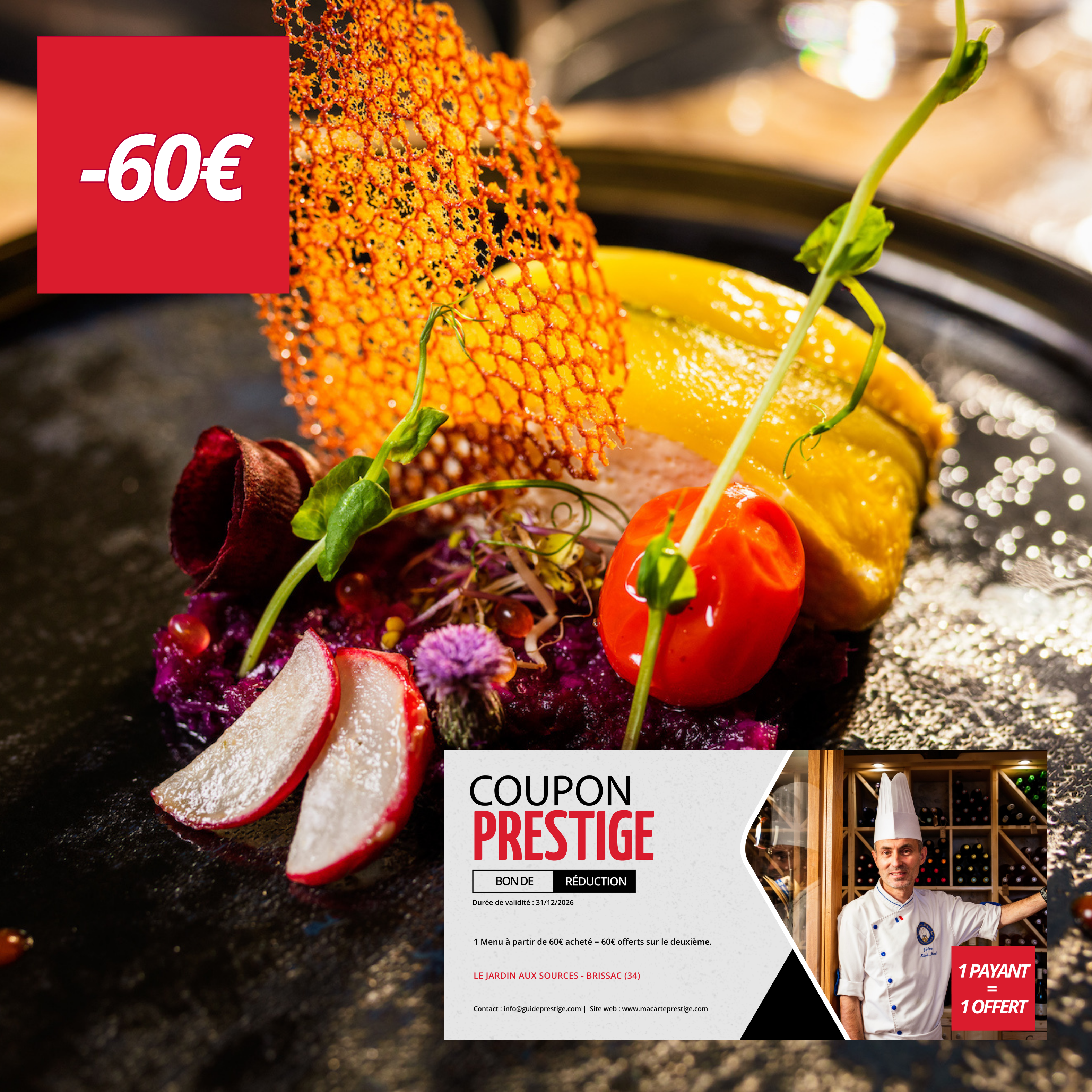 Coupon de réduction : 1 Menu à partir de 60€ acheté = 1 offert* - Valable chez LE JARDIN AUX SOURCES - à BRISSAC (34)