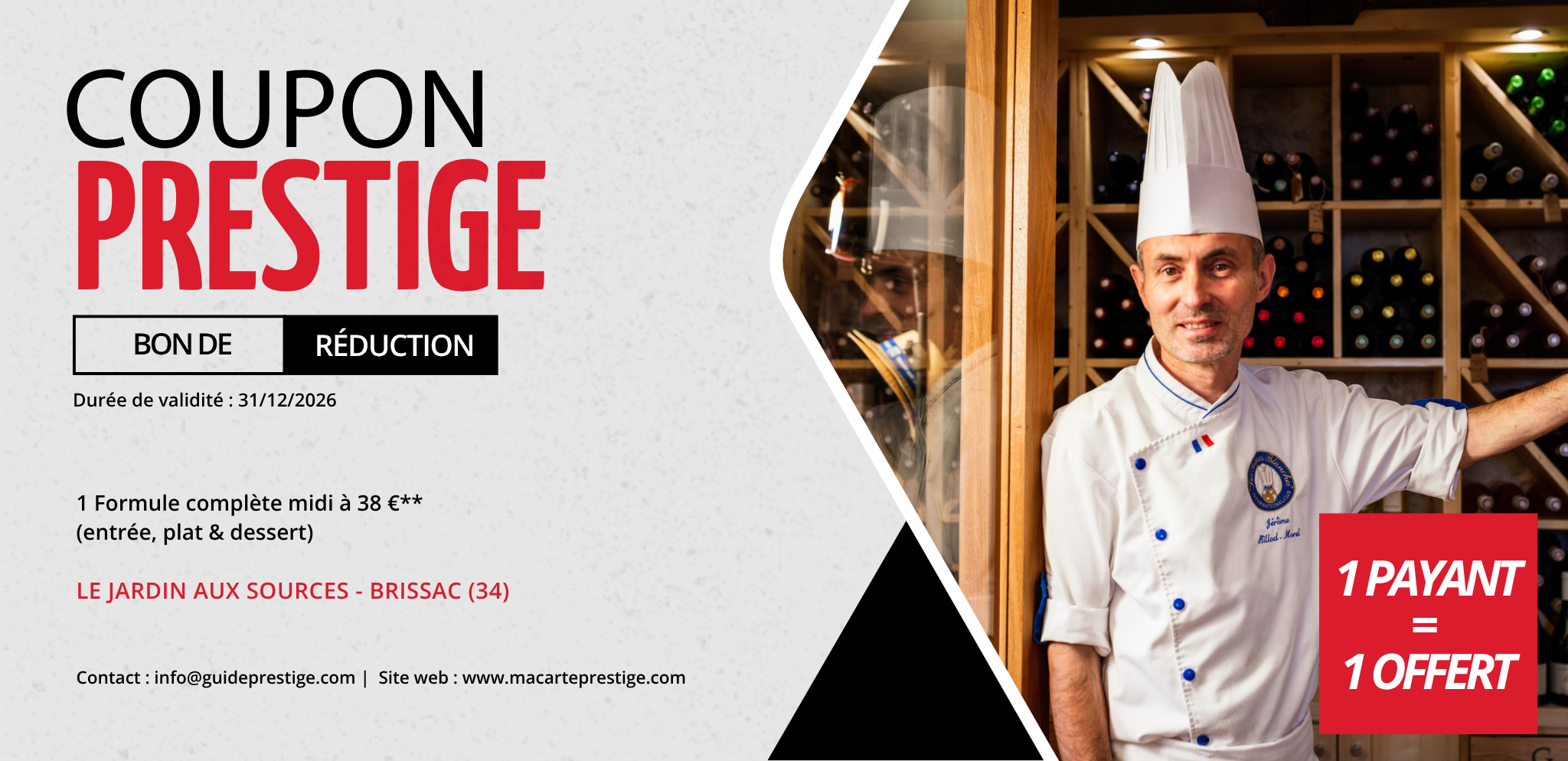 Coupon de réduction : 1 Formule complète midi à 38 €** achetée = 1 offerte (entrée, plat & dessert) - Valable chez LE JARDIN AUX SOURCES - à BRISSAC (34)