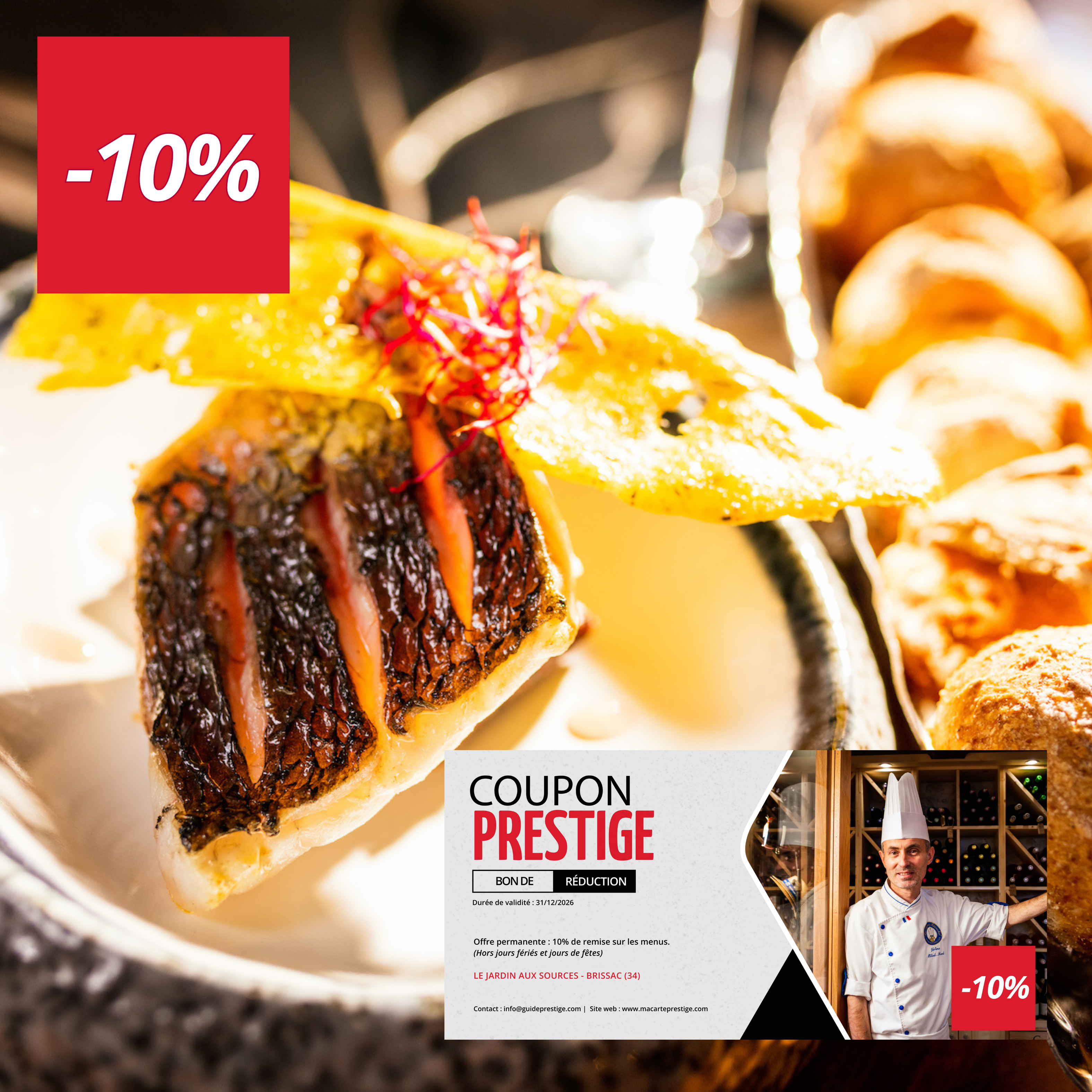 Coupon de réduction : Offre permanente 10% de remise sur les menus* - Valable chez LE JARDIN AUX SOURCES - à BRISSAC (34)