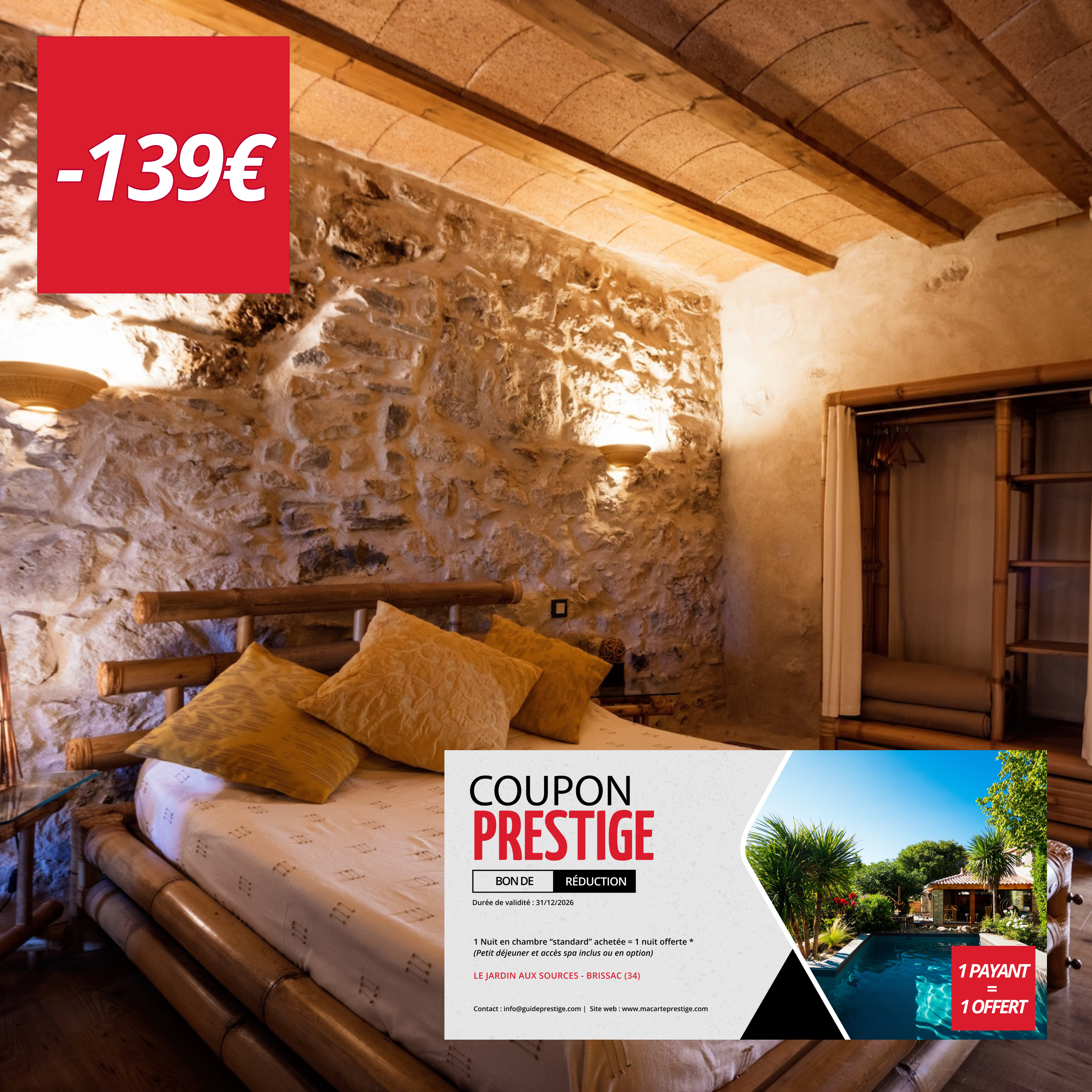Coupon de réduction : 1 Nuitée en chambre standard achetée = 1 Offerte* - Valable chez LE JARDIN AUX SOURCES - à BRISSAC (34)