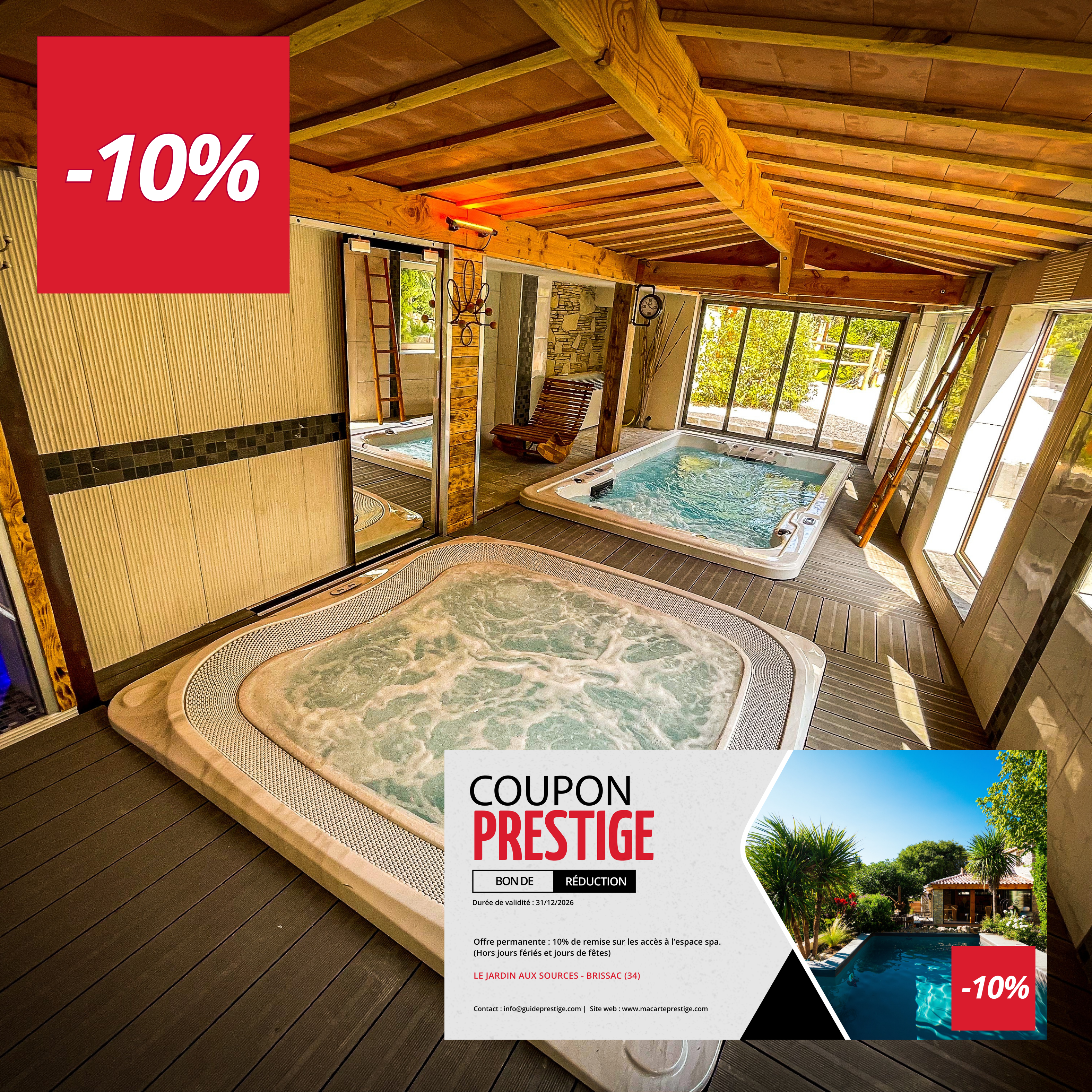 Coupon de réduction : Offre permanente 10% de remise sur les nuitées et les accès à l'espace spa* - Valable chez LE JARDIN AUX SOURCES - à BRISSAC (34)