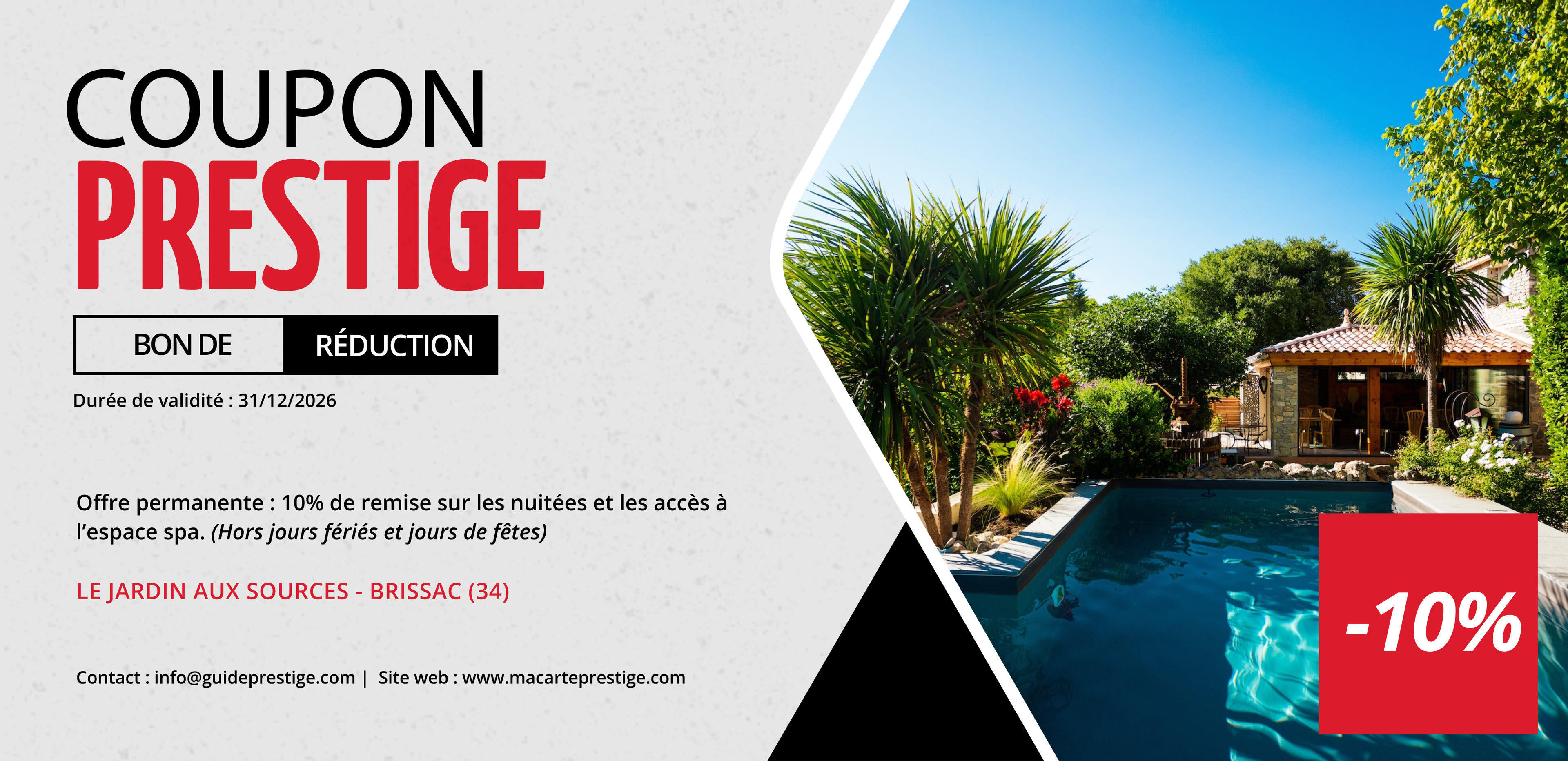 Coupon de réduction : Offre permanente 10% de remise sur les nuitées et les accès à l'espace spa* - Valable chez LE JARDIN AUX SOURCES - à BRISSAC (34)