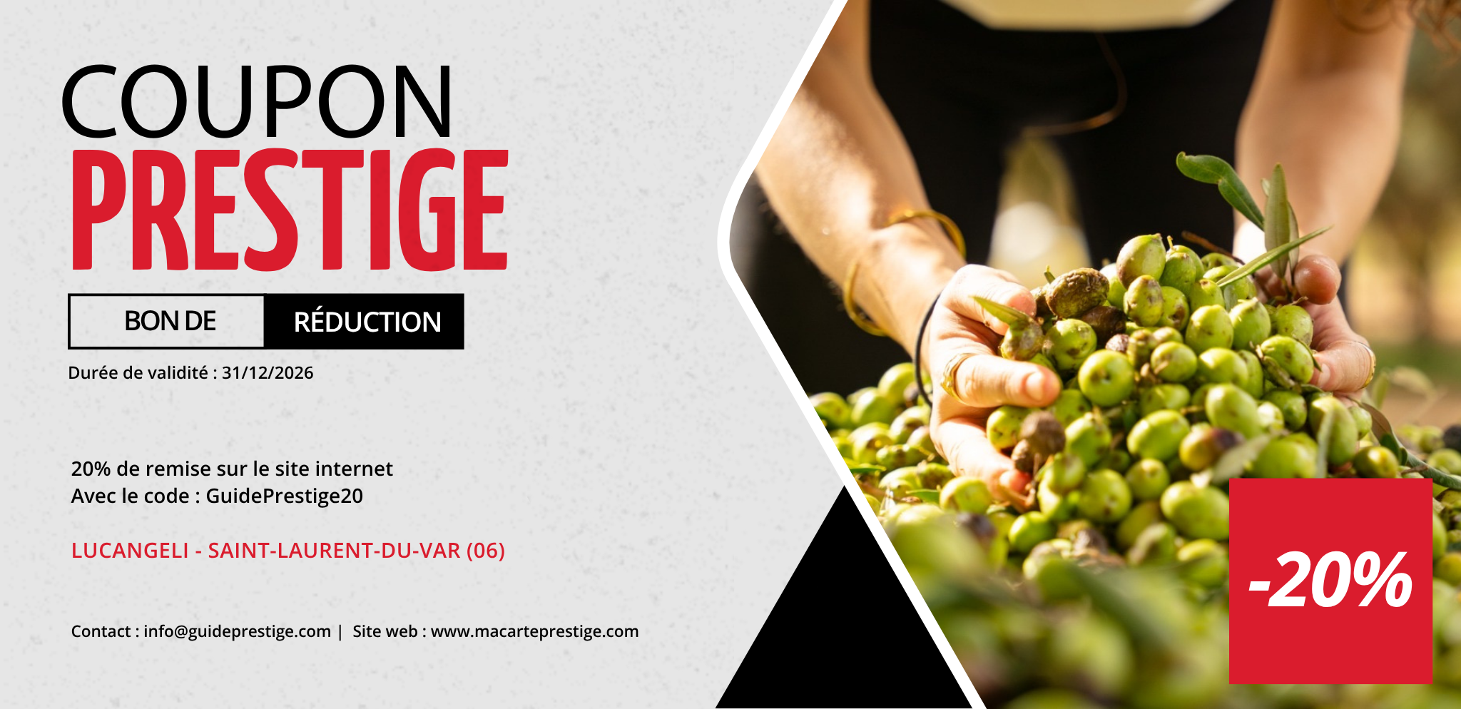 Coupon de réduction : 20% de remise sur le site internet Avec le code : GuidePrestige20 - Valable chez LUCANGELI - à SAINT-LAURENT-DU-VAR (06)