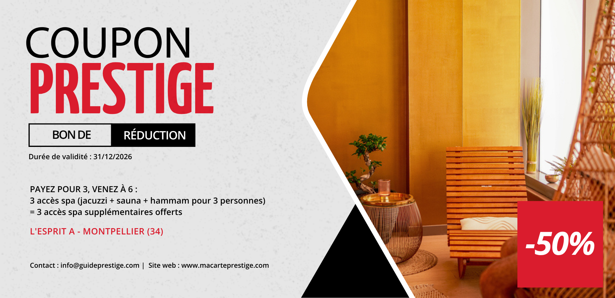 Coupon de réduction : PAYEZ POUR 3, VENEZ À 6 : 3 accès spa (jacuzzi + sauna + hammam pour 3 personnes) = 3 accès spa supplémentaires offerts - Valable chez L'ESPRIT A - à MONTPELLIER (34)