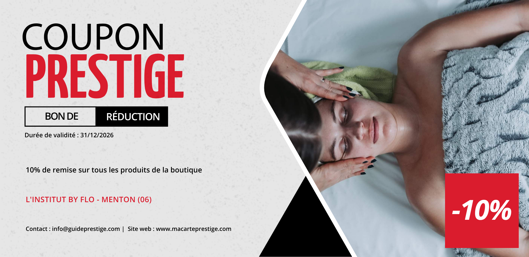 Coupon de réduction : 10% de remise sur tous les produits de la boutique - Valable à L'INSTITUT BY FLO - à MENTON (06)