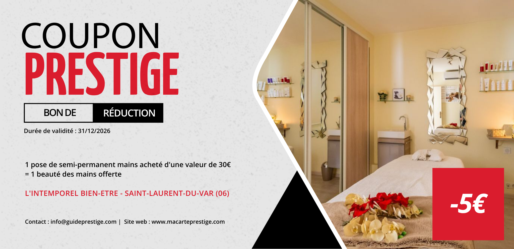 Coupon de réduction : 1 pose de semi-permanent mains acheté d'une valeur de 30euros = 1 beauté des mains offerte - Valable à L'INTEMPOREL BIEN-ETRE - à SAINT-LAURENT-DU-VAR (06)