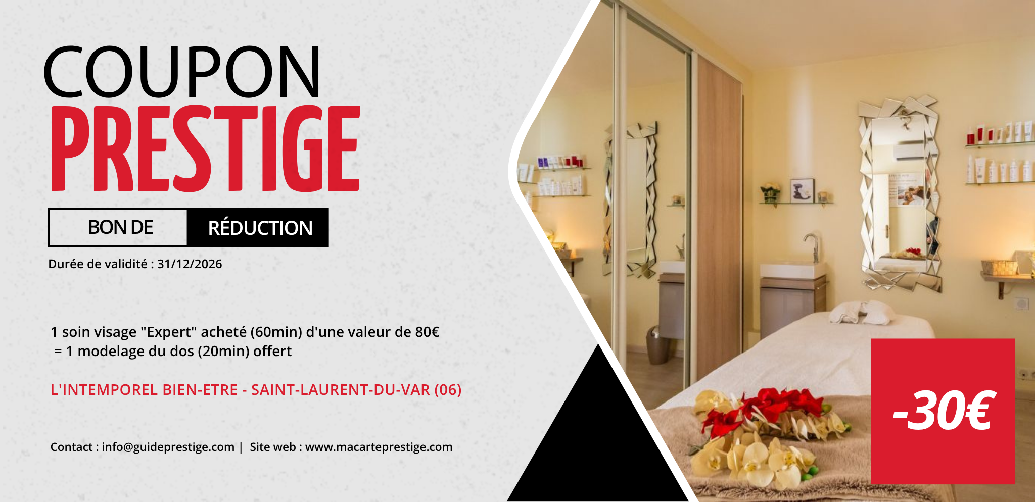 Coupon de réduction : 1 soin visage "Expert" acheté (60min) d'une valeur de 80euros = 1 modelage du dos (20min) offert - Valable à L'INTEMPOREL BIEN-ETRE - à SAINT-LAURENT-DU-VAR (06)