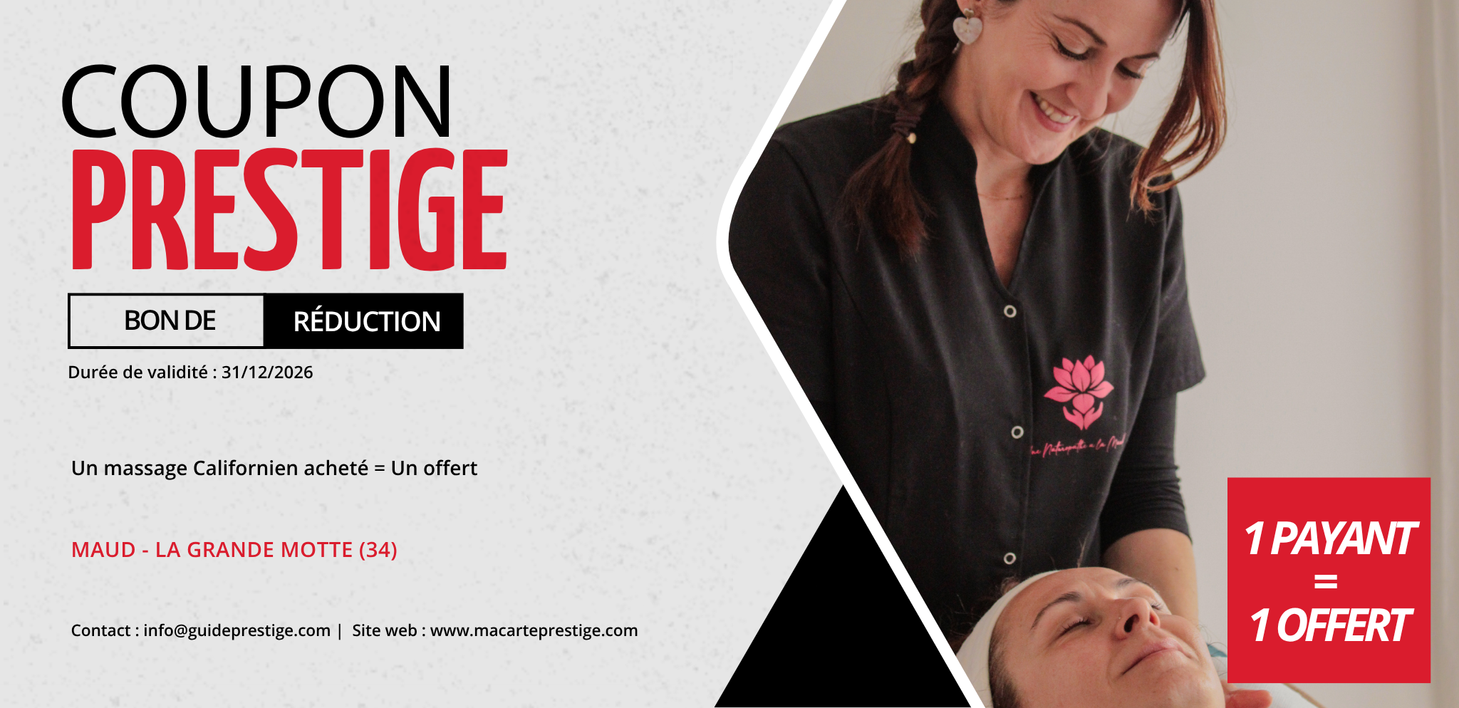 Coupon de réduction : Un massage Californien acheté = Un offert - Valable chez MAUD - à LA GRANDE MOTTE (34)