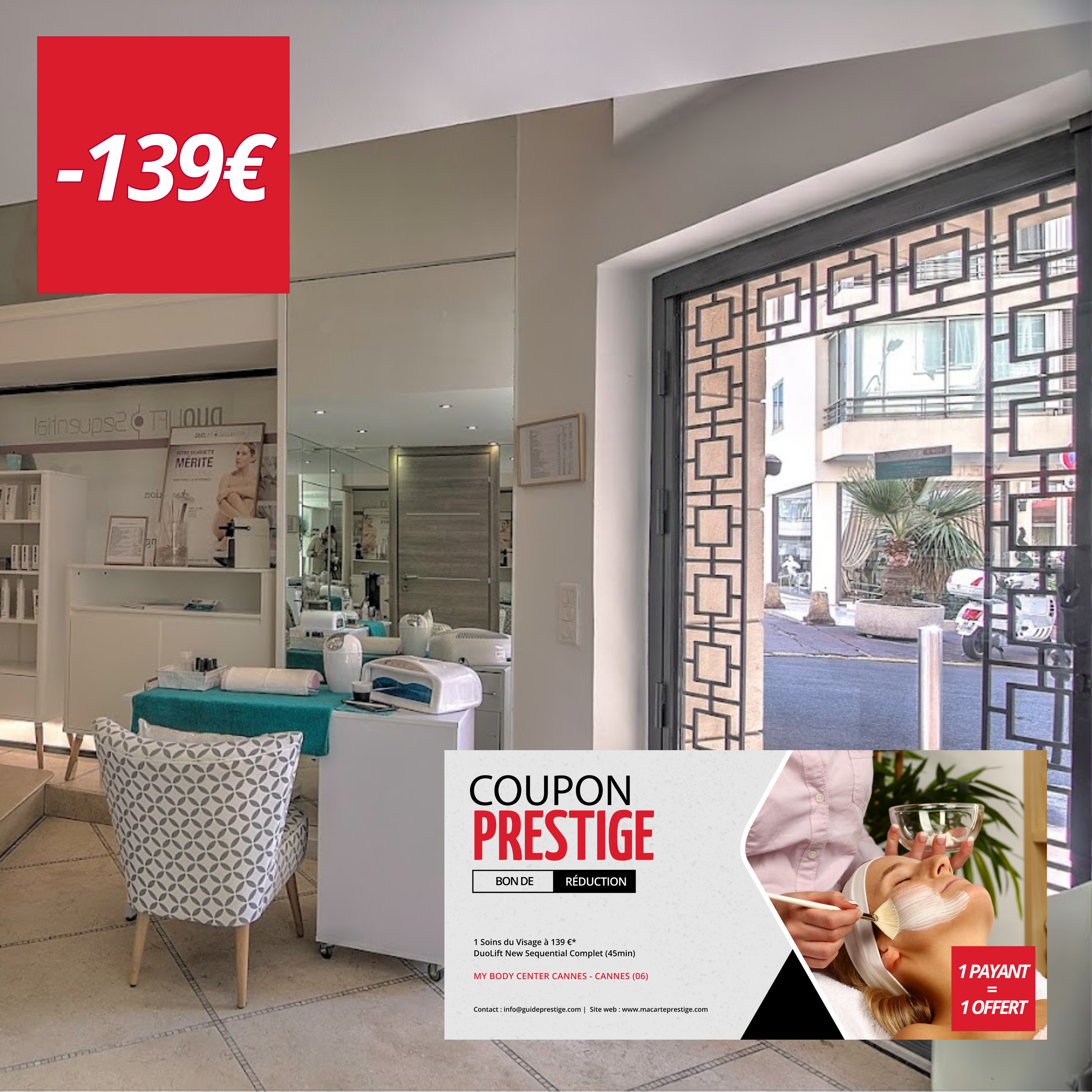 Coupon de réduction : 1 Soins du Visage à 139 €* acheté = 1 offert DuoLift New Sequential Complet (45min) - Valable chez MY BODY CENTER CANNES - à CANNES (06)