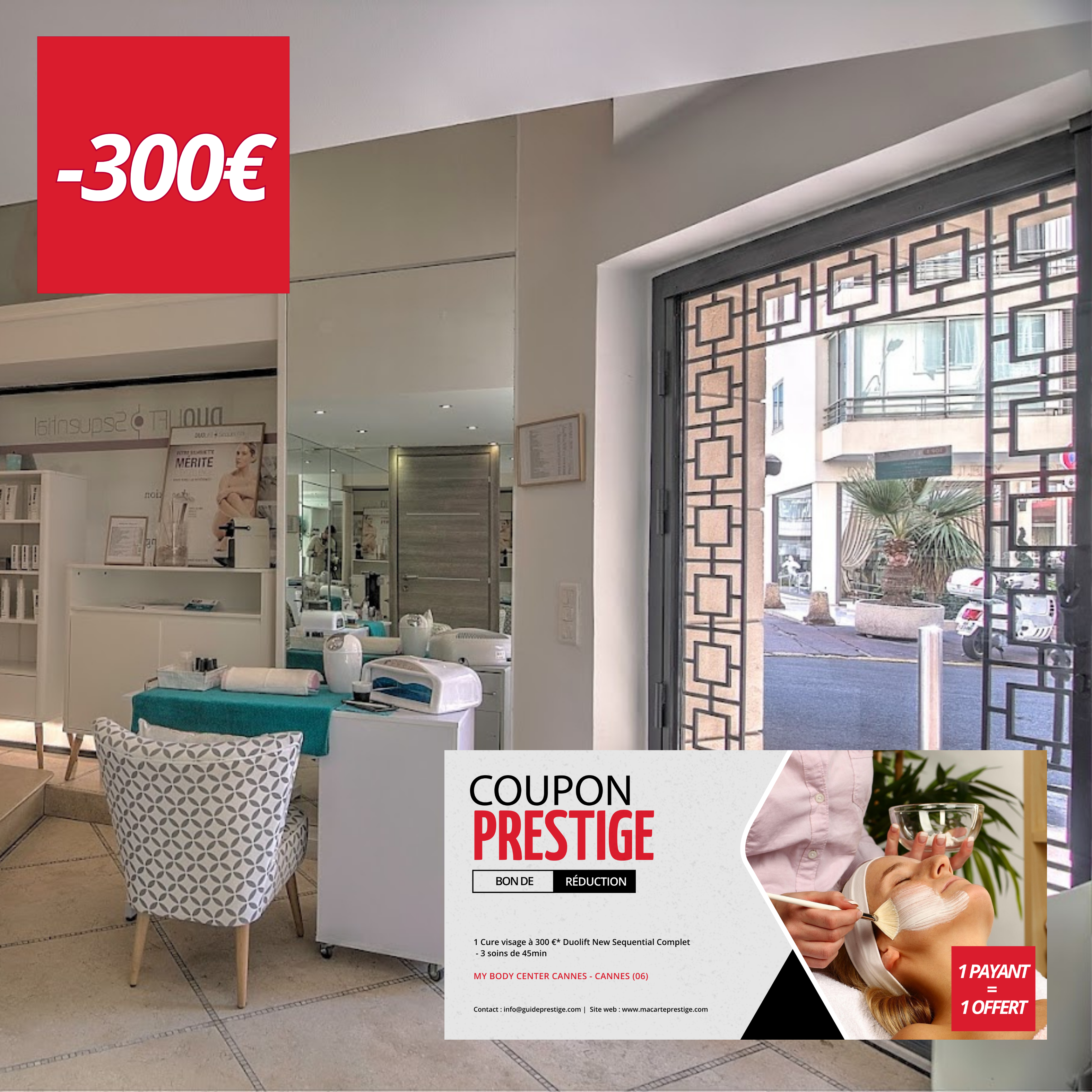 Coupon de réduction : 1 Cure visage à 300 €* achetée = 1 offerte Duolift New Sequential Complet - 3 soins de 45min - Valable chez MY BODY CENTER CANNES - à CANNES (06)